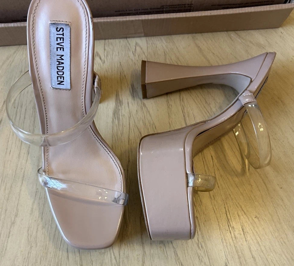 VTG Steve Madden Platforms Y2K Style Clear Nude Heels Chunky Retro Zayne Size 7