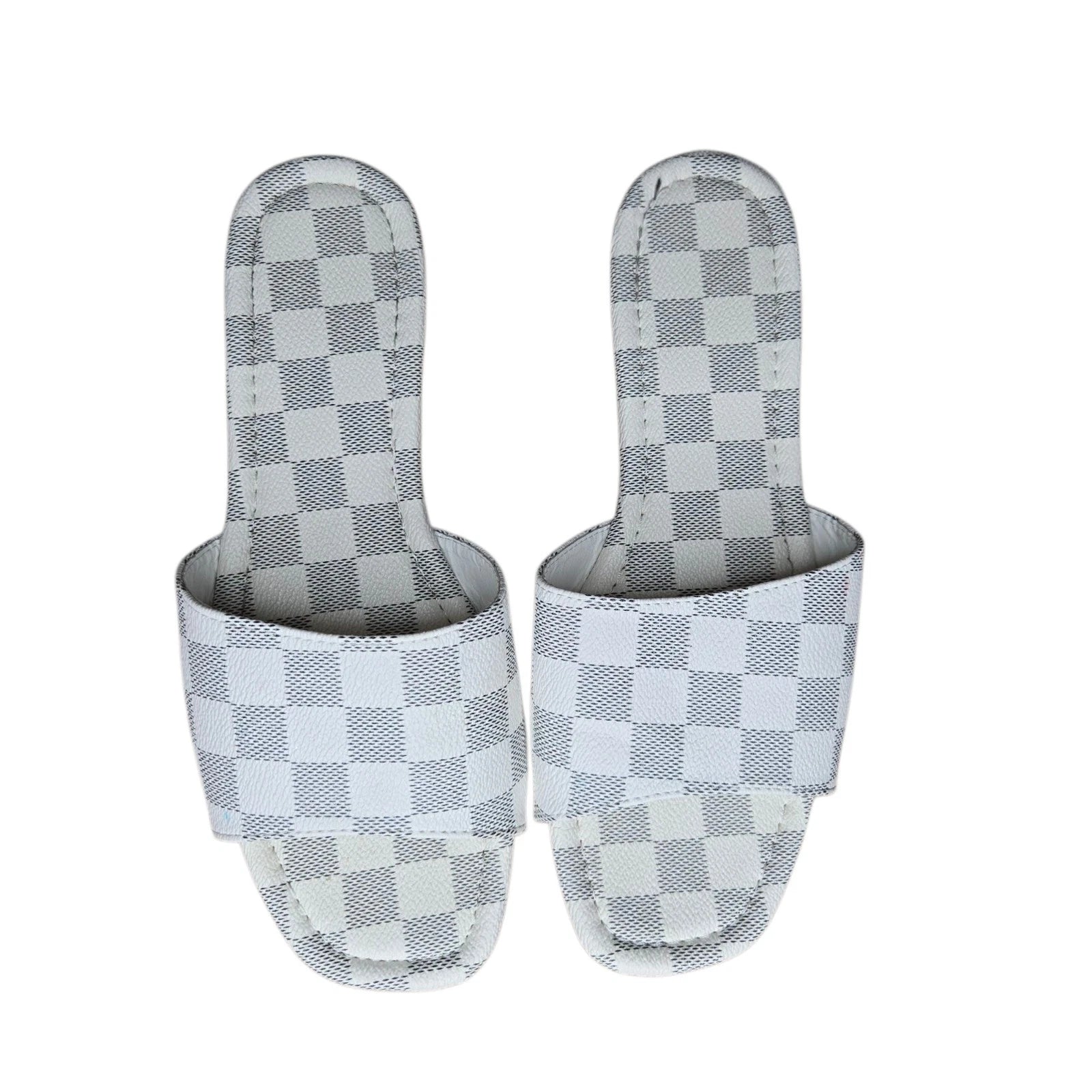 Womens Faux Leather Gray White Checkered Open Toe Flats Slide Sandals Size 9