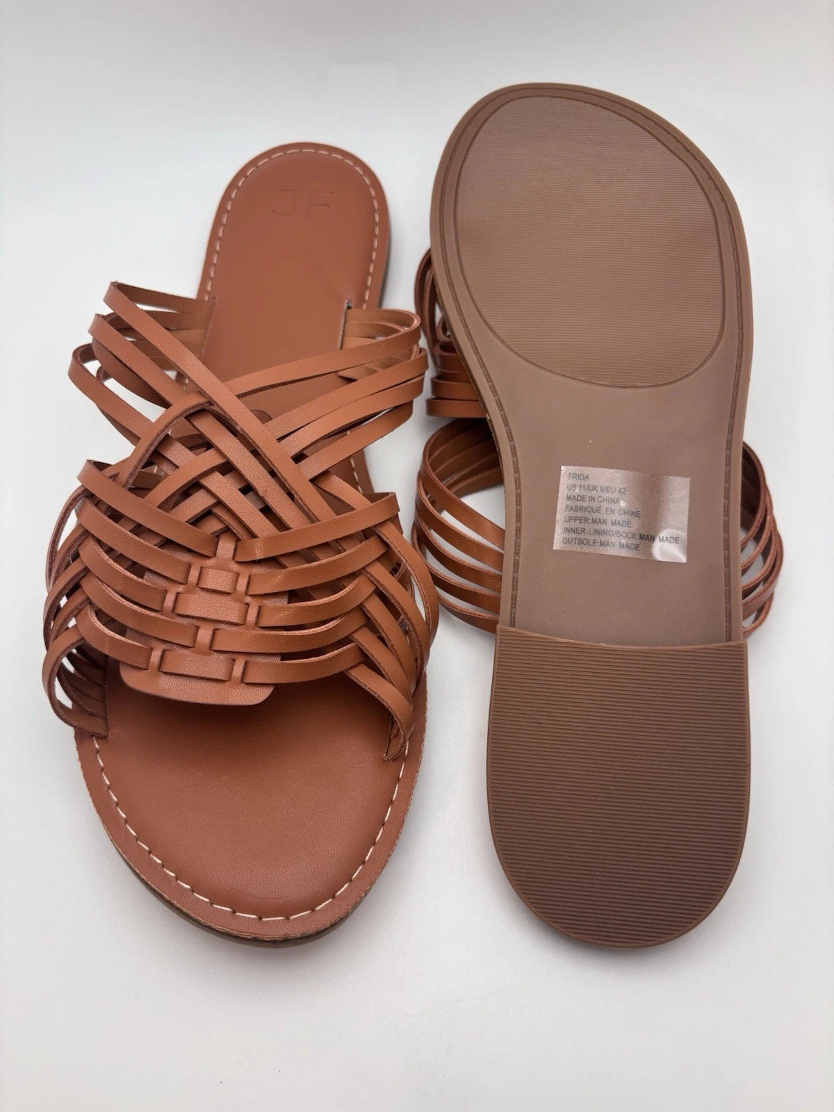 NIB Just Fab Frida Woven Sandals In Cognac Flat Slide Sandals Size 11
