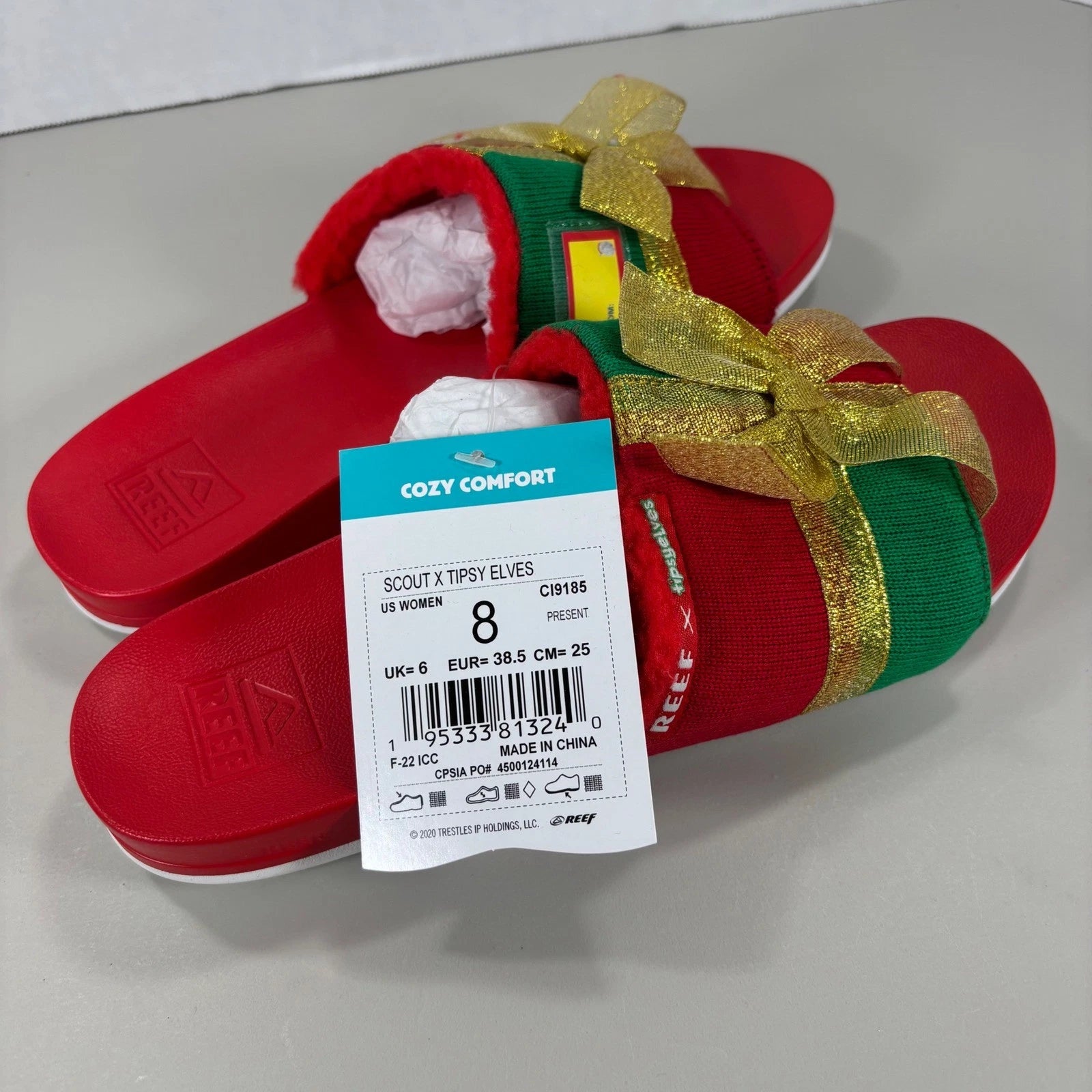 Reef x Tipsy Elves Womens Holiday Present Slides Red Green Gold Bow Sandals Sz 8