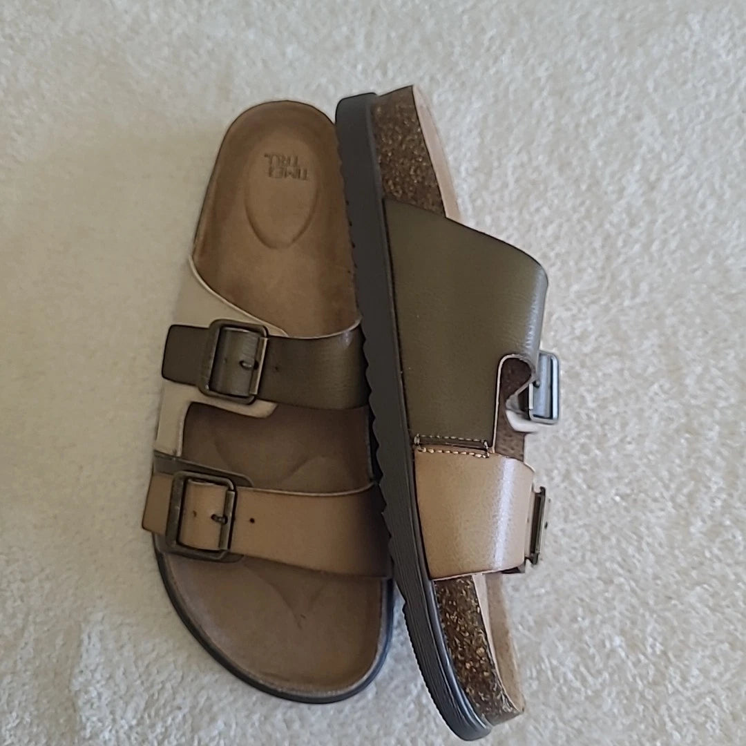 Time And Tru Birk-style Adjustable Buckle Slide  Multi tone Sandal Women 10 New