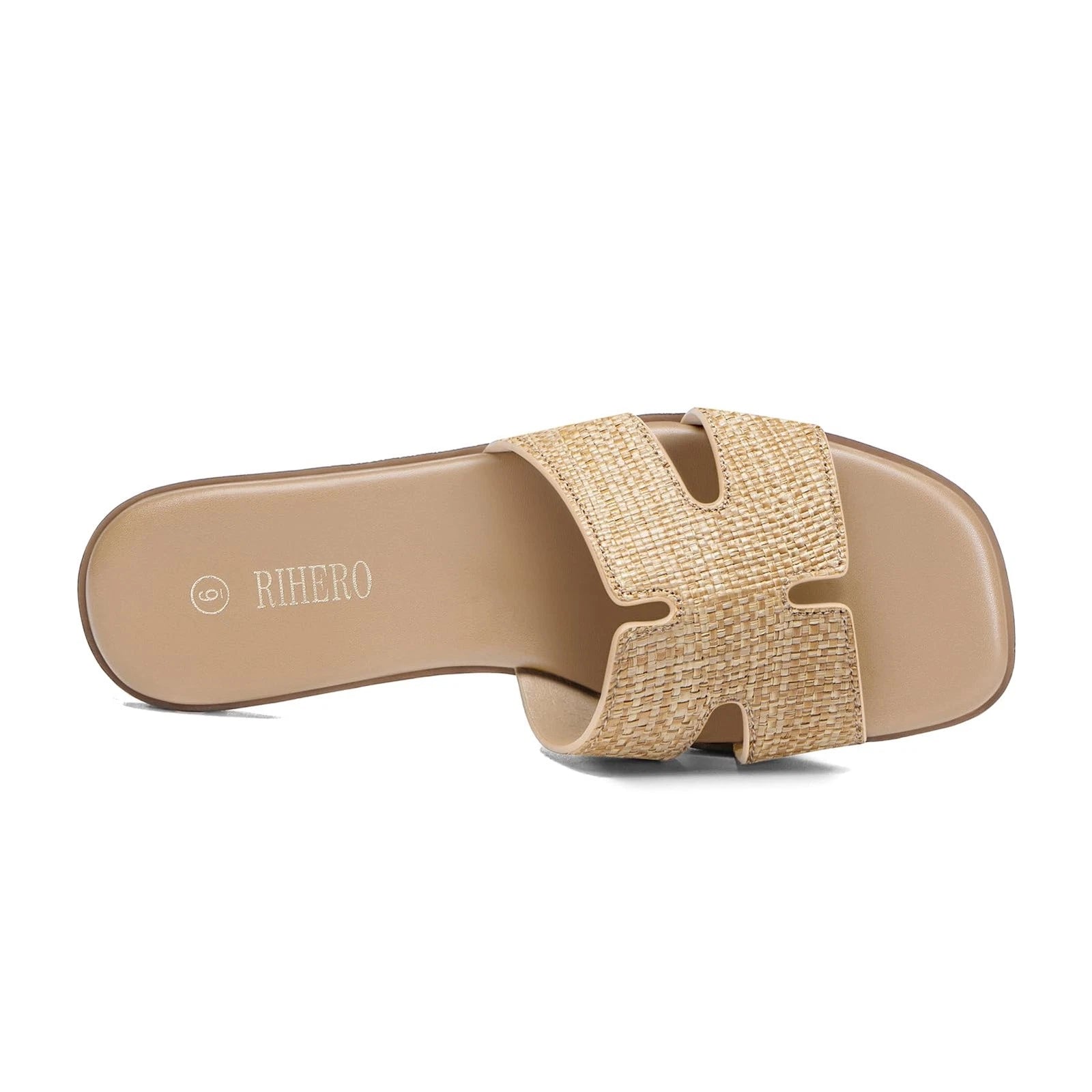 Women's Comfortable Leather Slide Sandals, Dressy Flat Raffia Slip-On