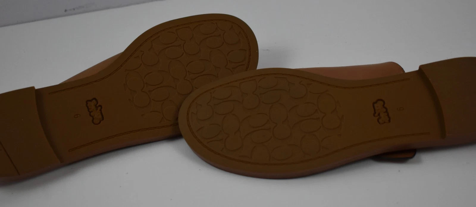 New Coach Sz 6 Slip On Sandals Leather Slides Brown Cognac Toe Loop Flats Buckle