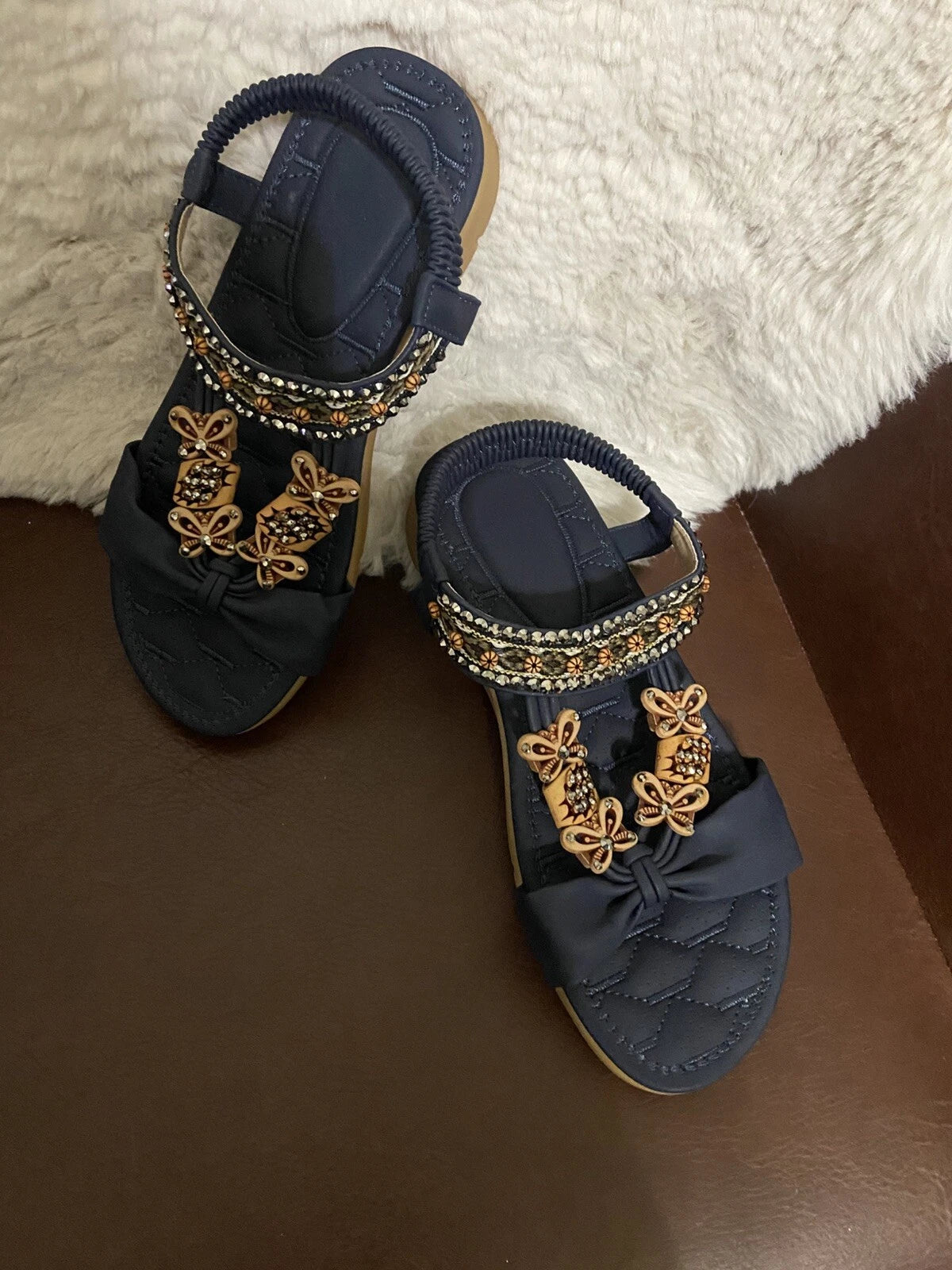 New Aomigoct Sandals Women Flat Dressy Summer size 38 /8 Navy blue Blue