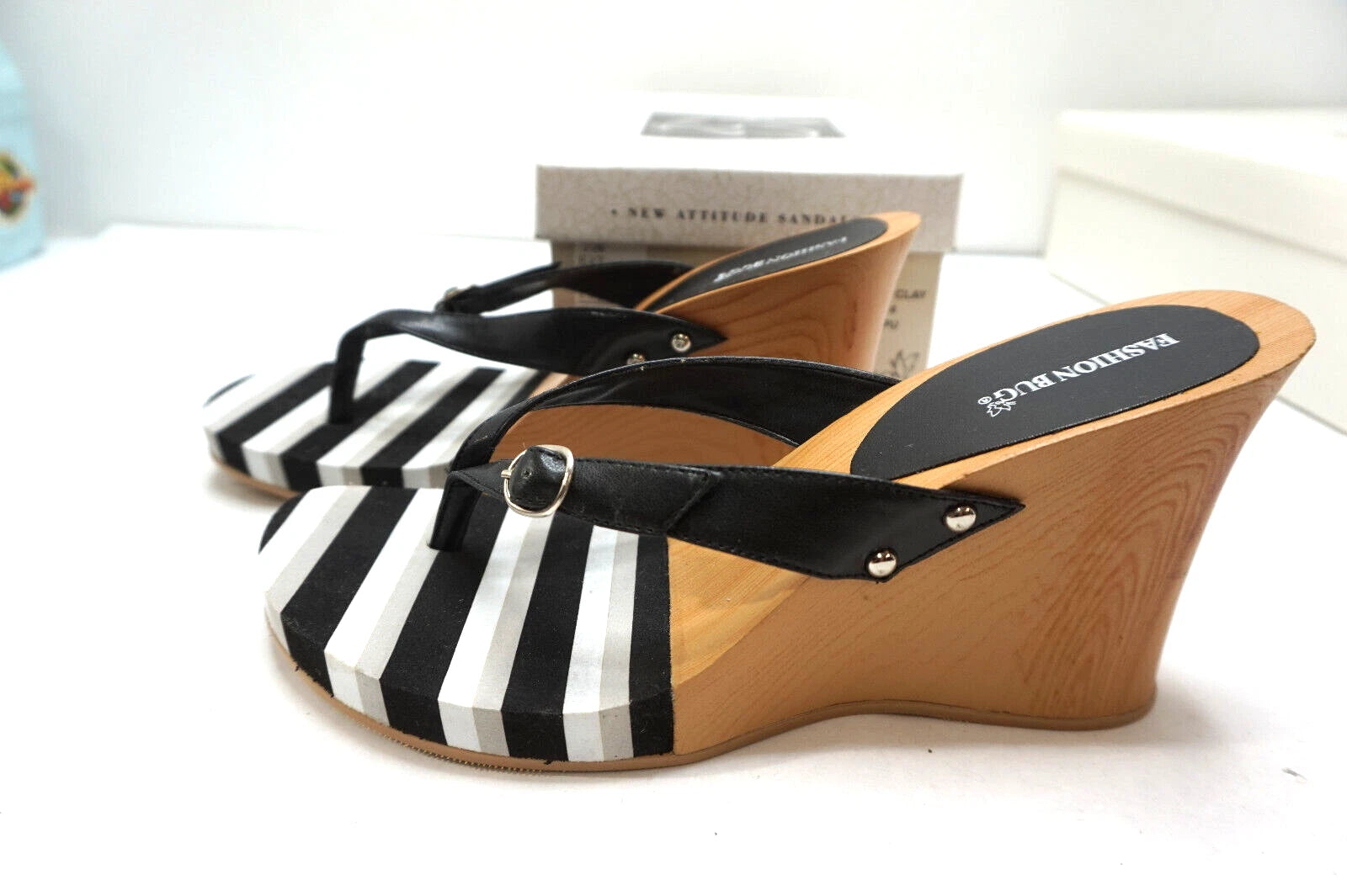 VINTAGE PLATFORM WEDGE SANDALS FASHION BUG  BLACK WOMENS SHOES 10 NEW BOX