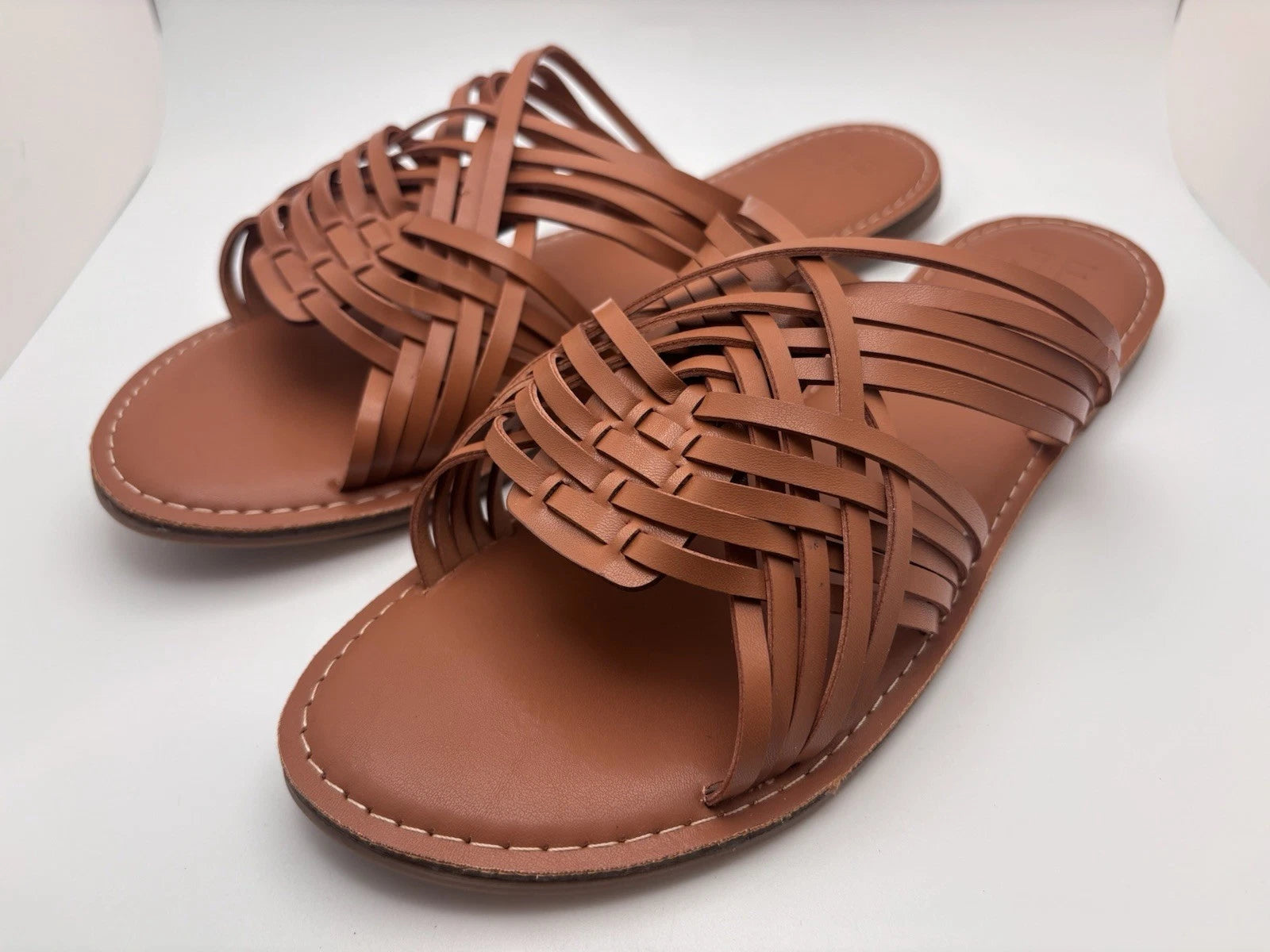 NIB Just Fab Frida Woven Sandals In Cognac Flat Slide Sandals Size 11