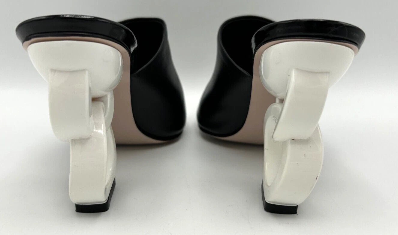 VINCI Black Leather Designer Sandal Size 40 US 9.5 White Circle Heels 3.5" High