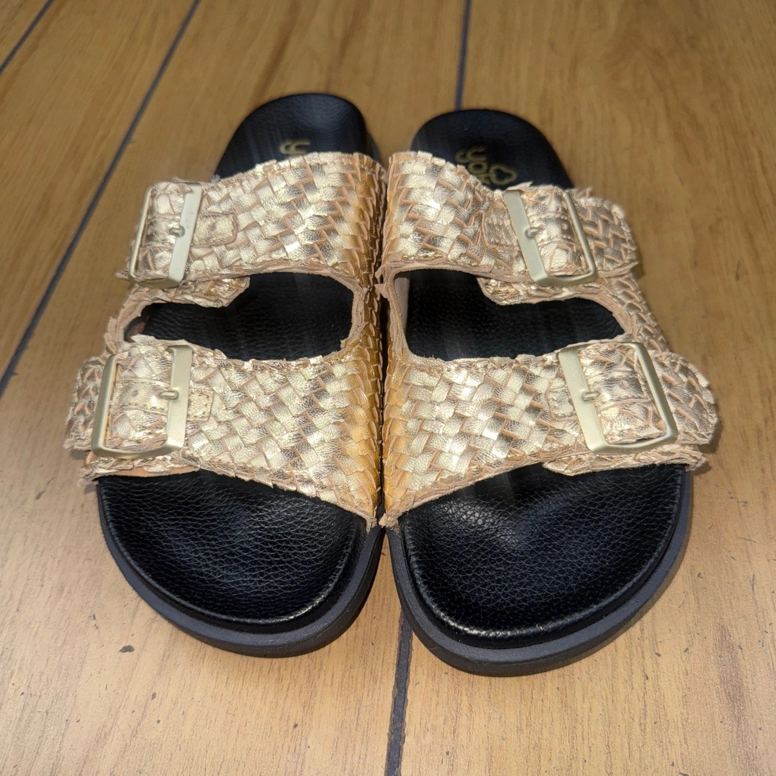 Yokono Gold Woven Leather Adjustable Buckle Slides Sandals Size 7.5