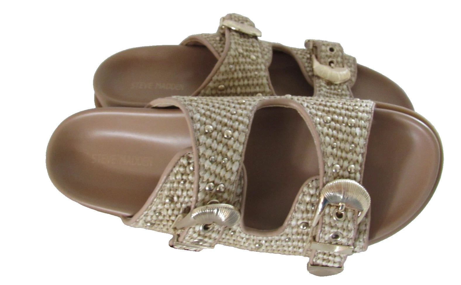 Steve Madden Slide Sandal Women's 8.5 Tan Brown Zuree Dual Buckle Gold Studded