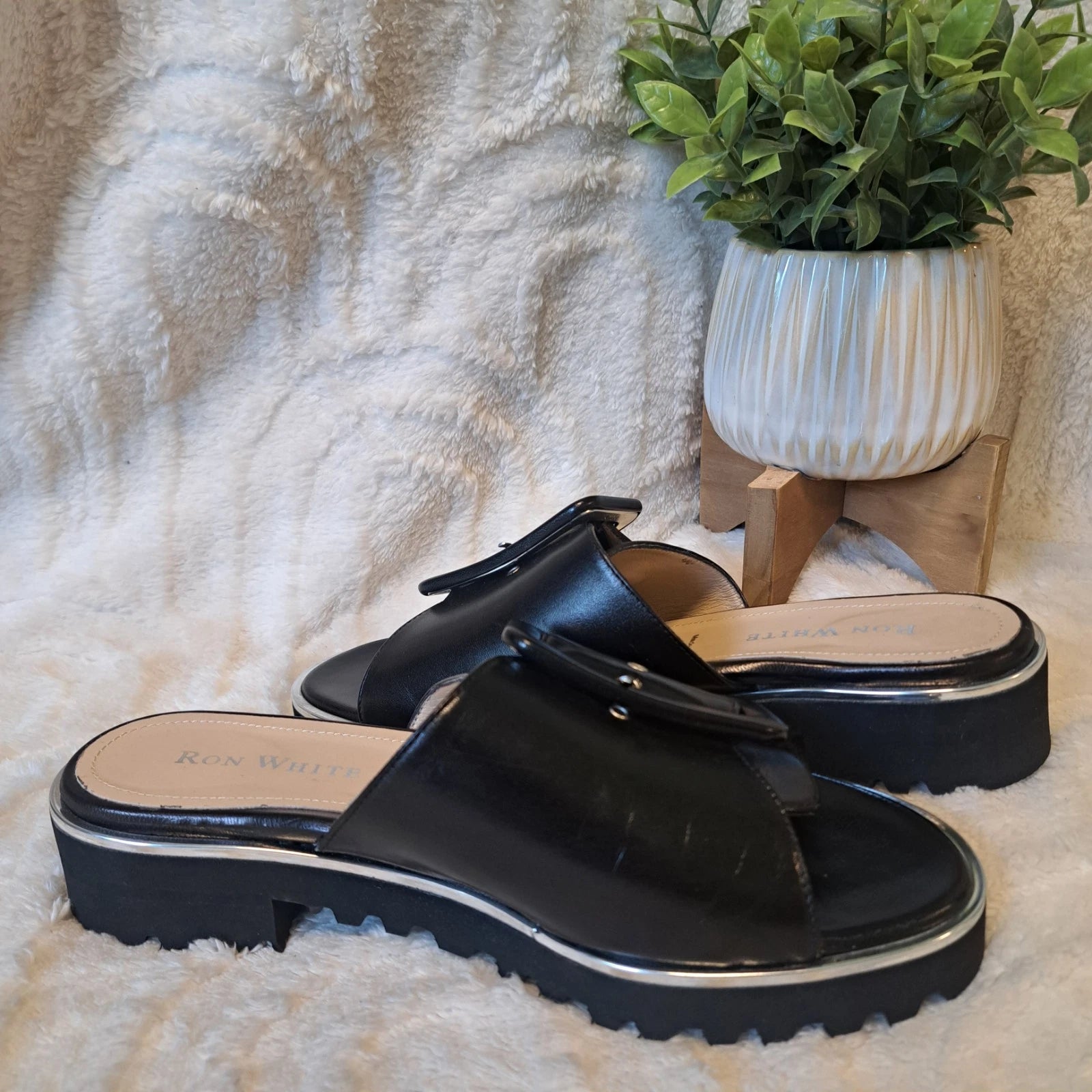 Ron White Candra Slide Sandals Black Leather Italy Sz 9 US 39.5 NEW $445