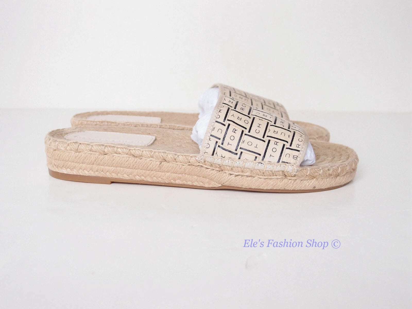 NIB Tory Burch Logo Woven Ribbon Espadrille Slide Slipper CREAM US 8 AUTHENTIC