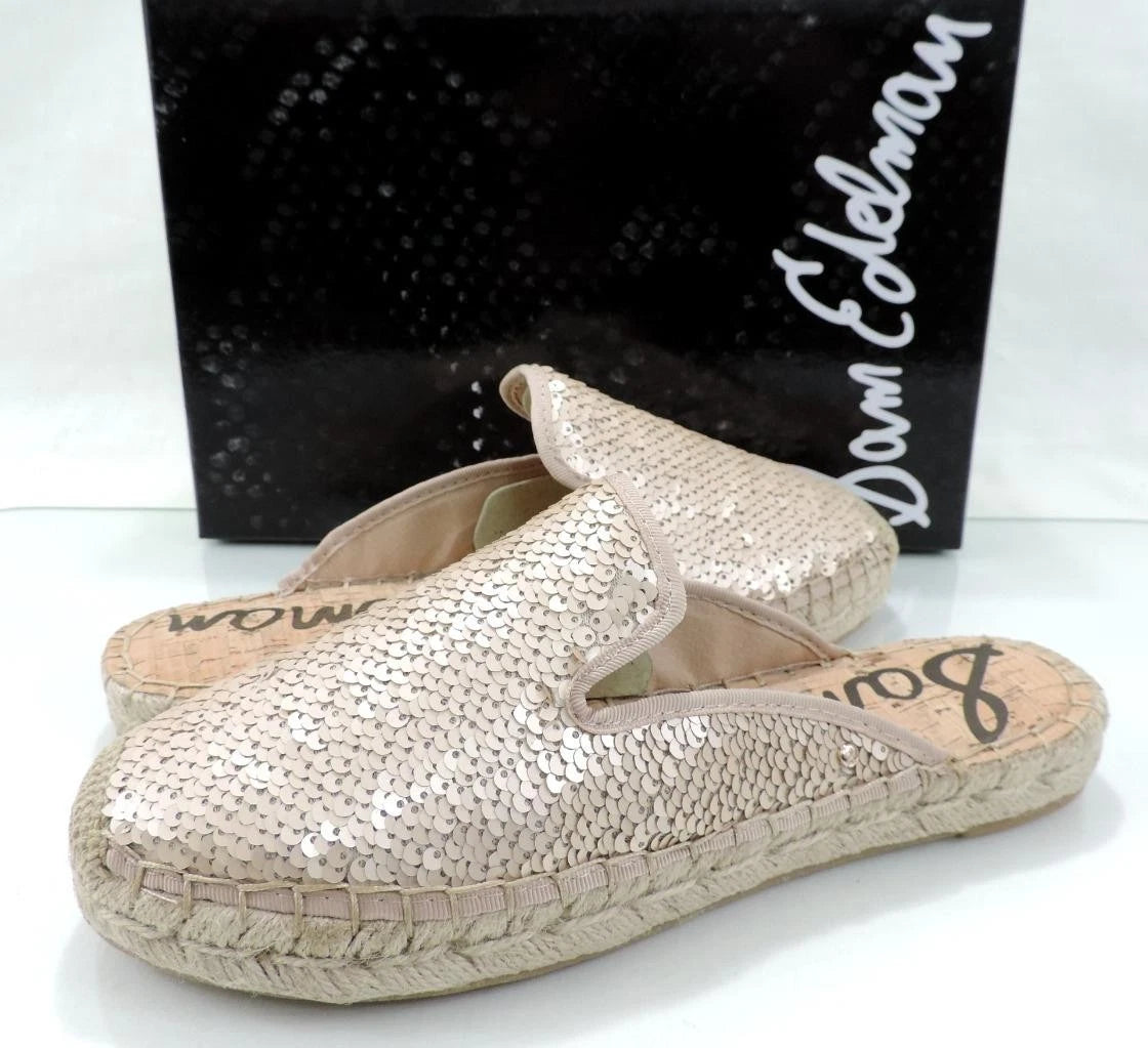 Sam Edelman Kerry Slip On Espadrille Slide Mule Flats Pink Gold Sequins Size 8