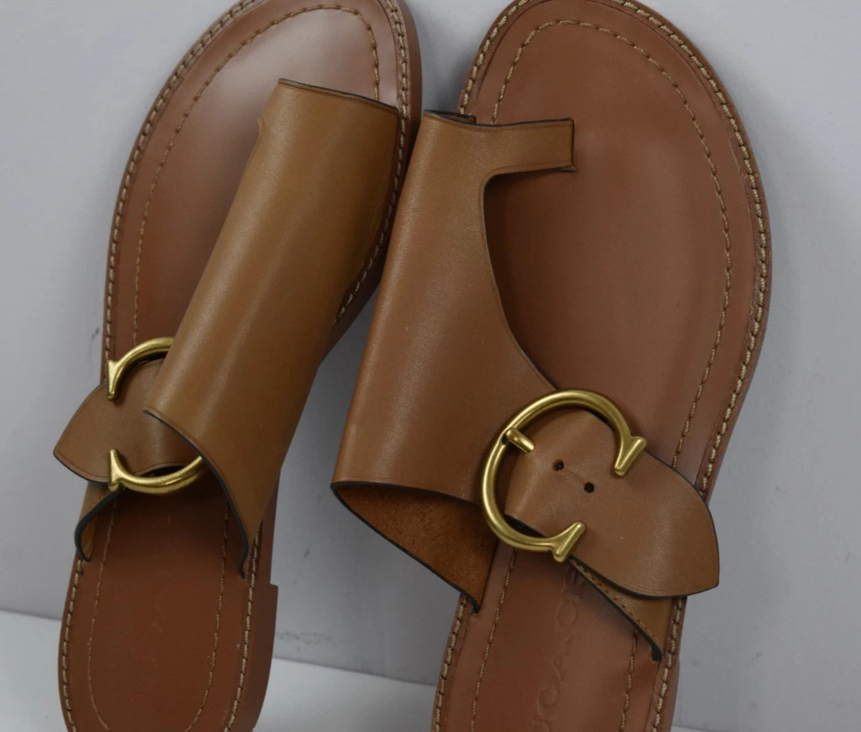 New Coach Sz 6 Slip On Sandals Leather Slides Brown Cognac Toe Loop Flats Buckle