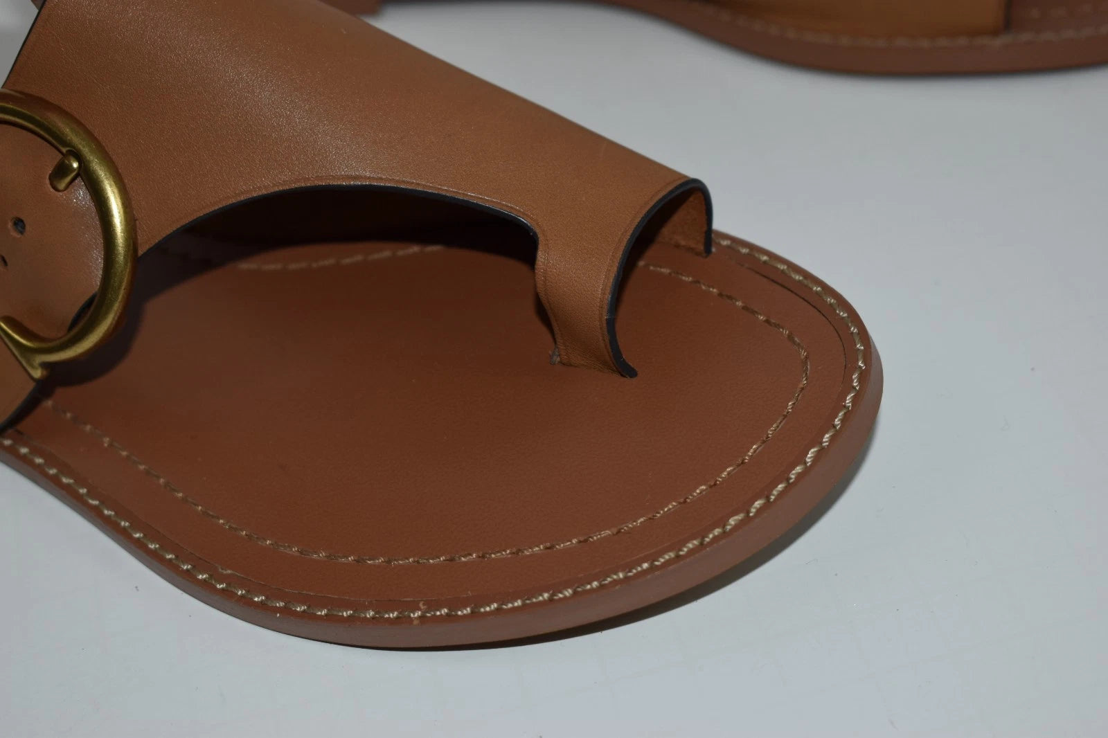 New Coach Sz 6 Slip On Sandals Leather Slides Brown Cognac Toe Loop Flats Buckle