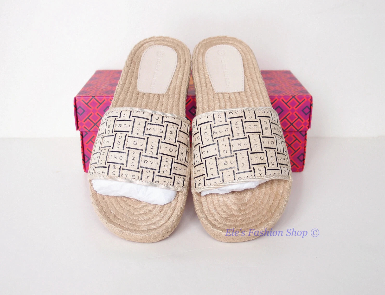 NIB Tory Burch Logo Woven Ribbon Espadrille Slide Slipper CREAM US 8 AUTHENTIC