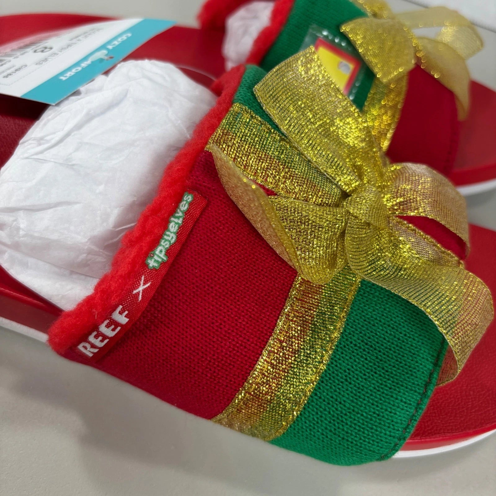 Reef x Tipsy Elves Womens Holiday Present Slides Red Green Gold Bow Sandals Sz 8