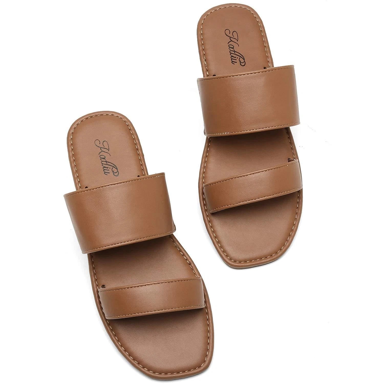 Women's Open Toe Two Strap Flat Slide Sandals