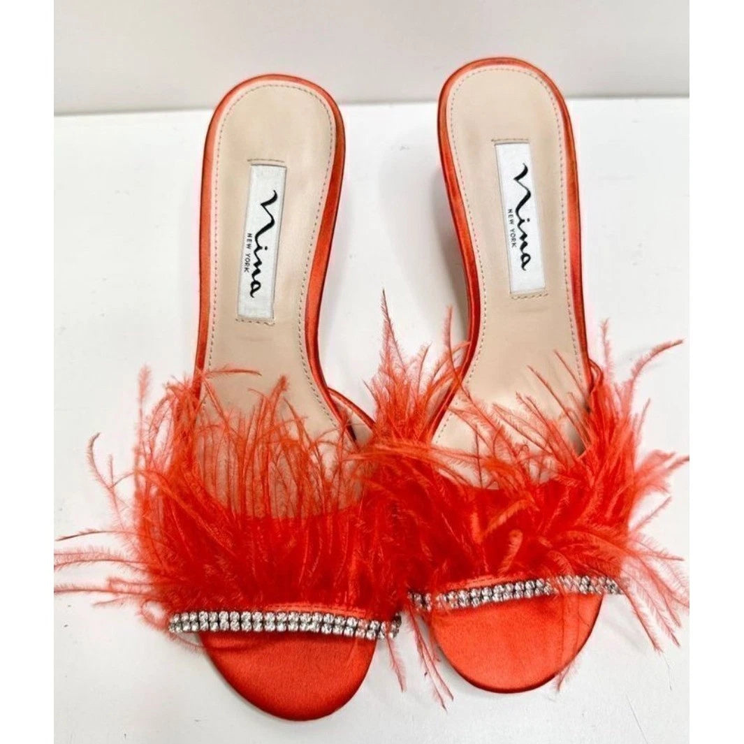 Nina Feather Kitten Heel Rhinestone Embellished Slip On Sandals Size 6