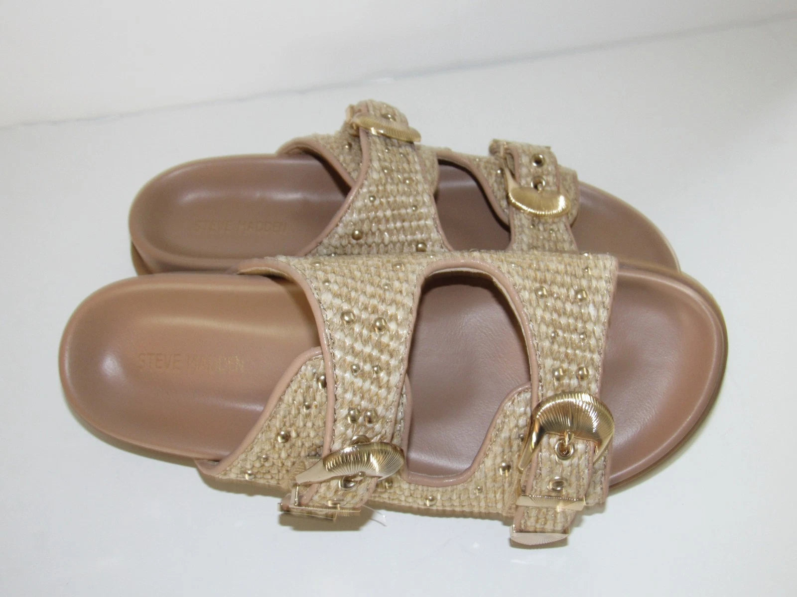 Steve Madden Slide Sandal Women's 8.5 Tan Brown Zuree Dual Buckle Gold Studded