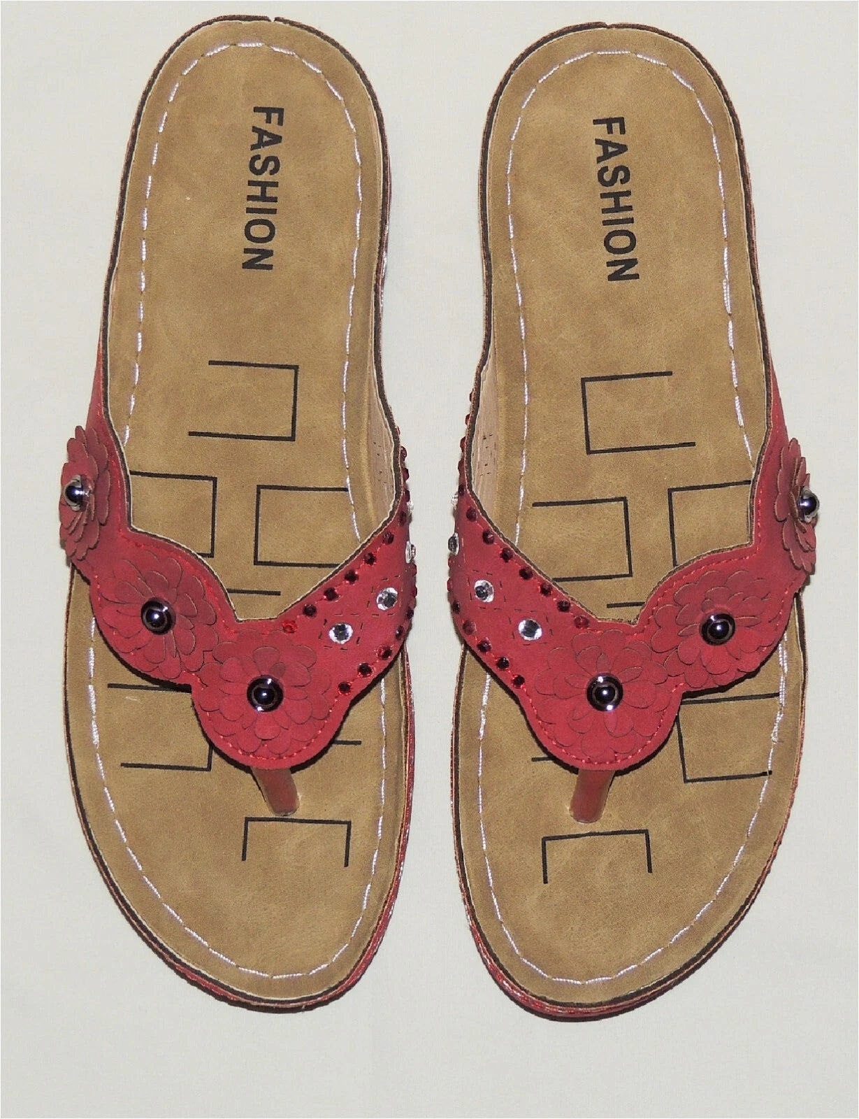 Women's Sz8.5(41) Red Floral-Applique Rhinestone Wedge Fashioned Flip Flops