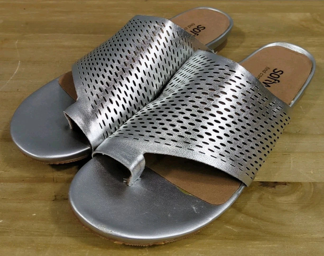 W30 NEW Softwalk Corsica II Womens 12M Slide On Leather Sandals Silver