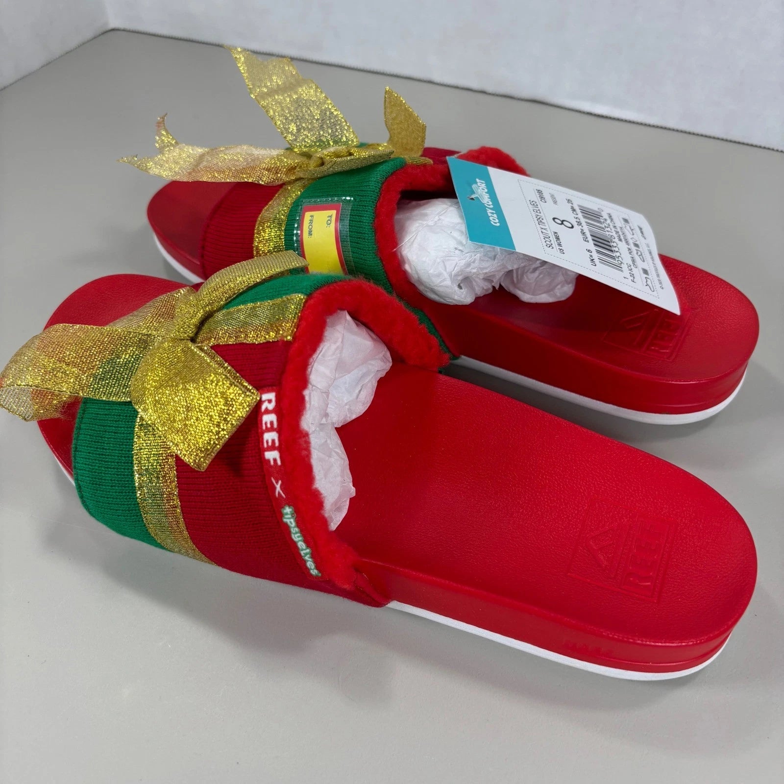 Reef x Tipsy Elves Womens Holiday Present Slides Red Green Gold Bow Sandals Sz 8