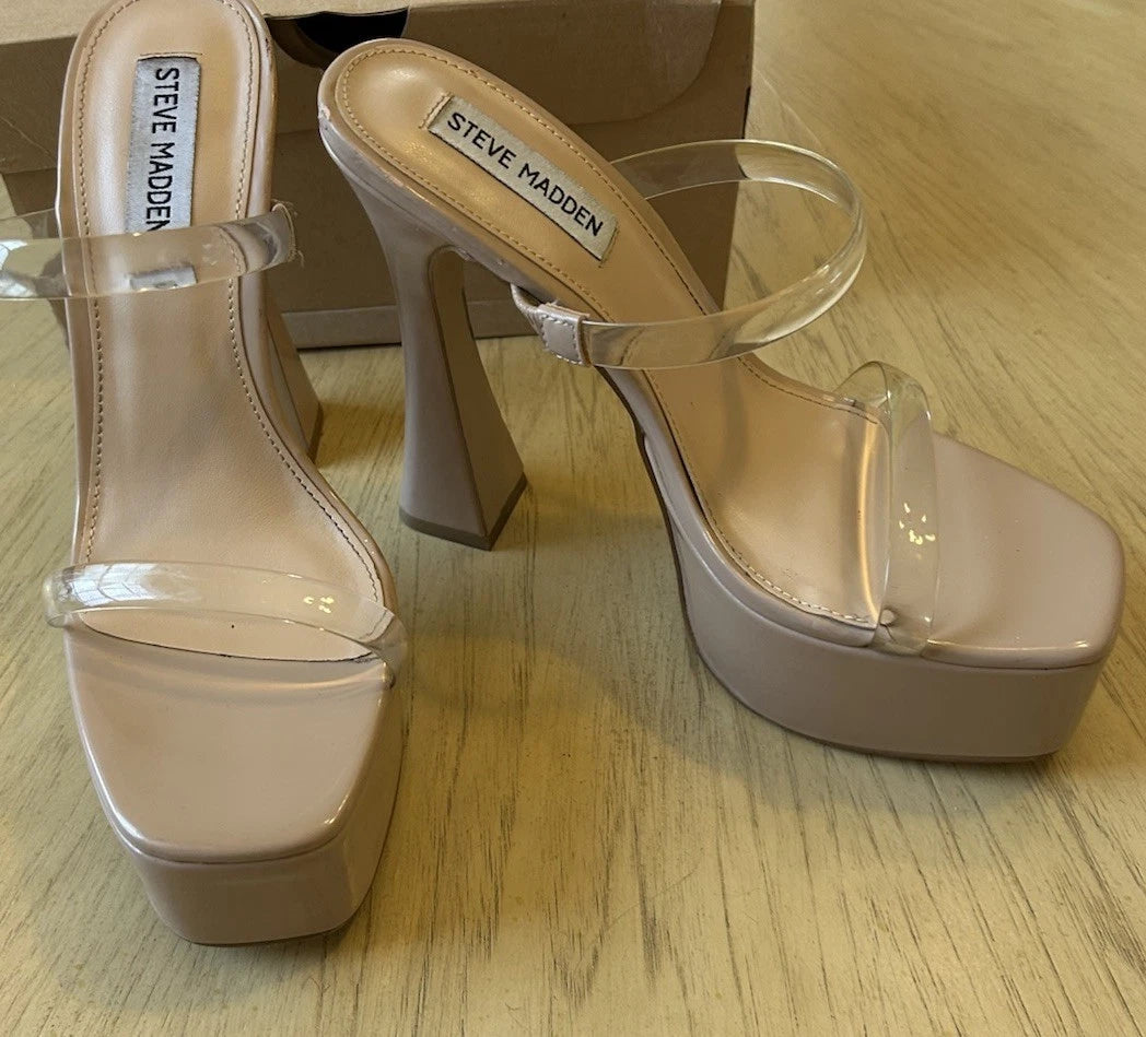 VTG Steve Madden Platforms Y2K Style Clear Nude Heels Chunky Retro Zayne Size 7