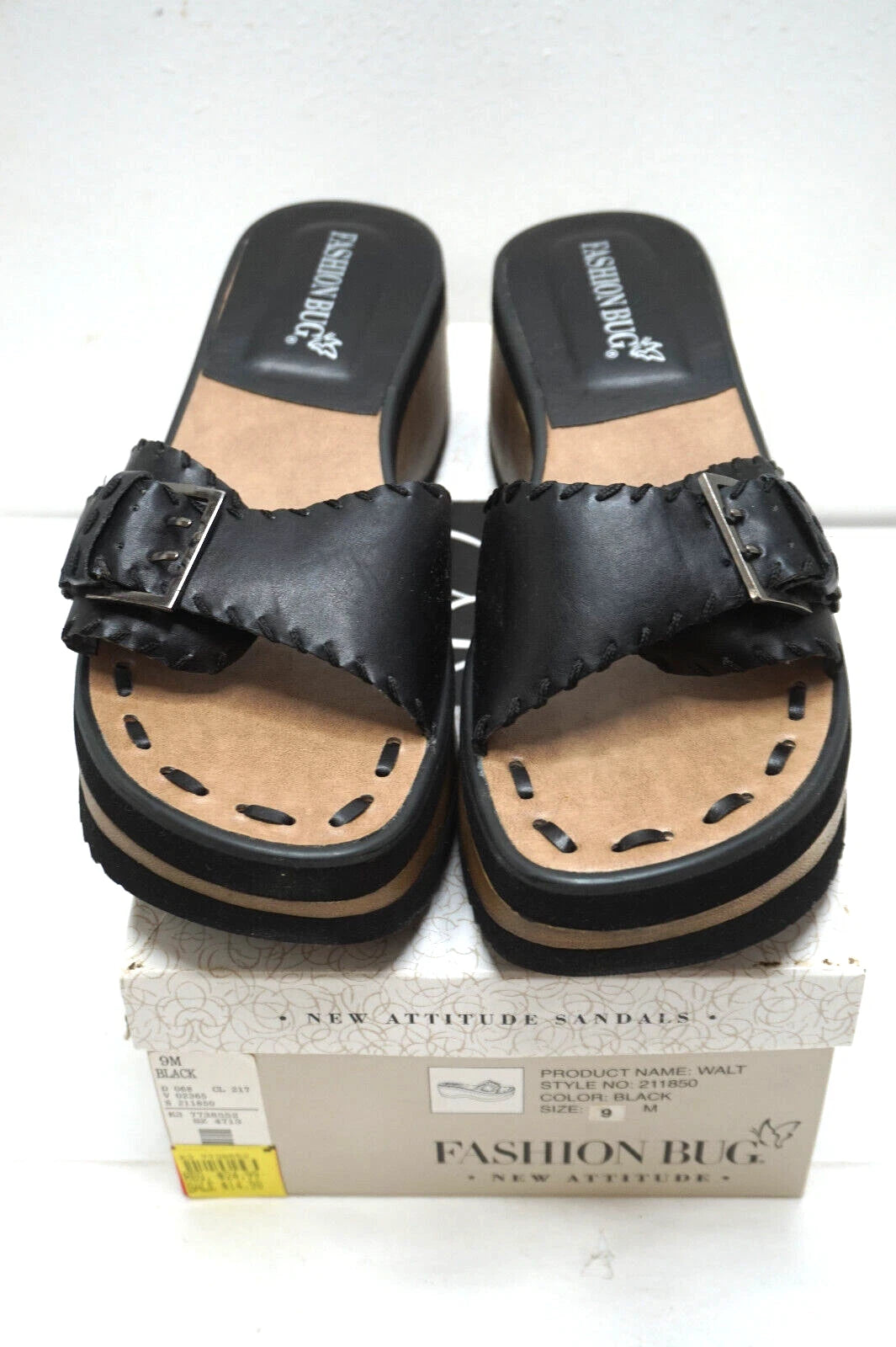 VINTAGE PLATFORM SANDALS FASHION BUG NEW ATTITUDE BLACK WOMENS 9 SHOES NEW BOX