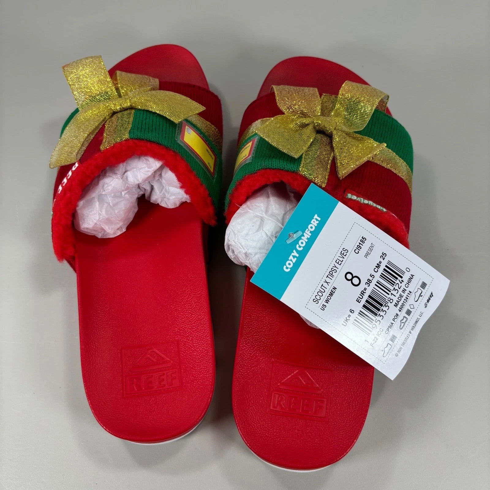 Reef x Tipsy Elves Womens Holiday Present Slides Red Green Gold Bow Sandals Sz 8