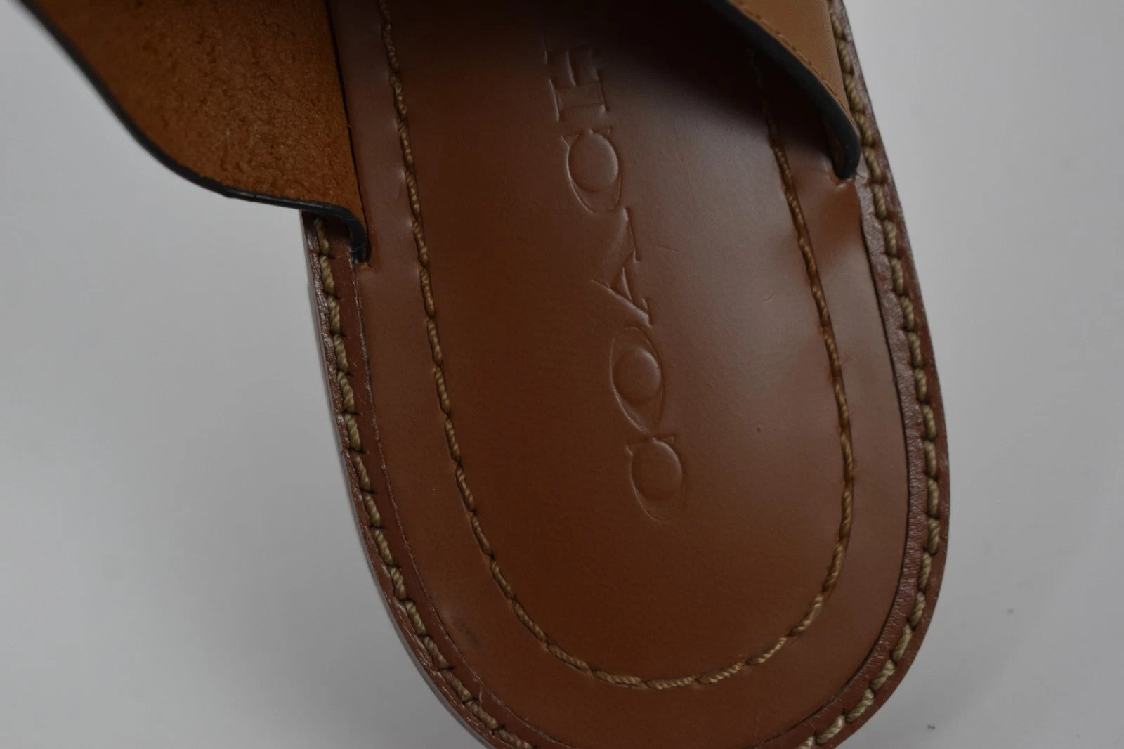 New Coach Sz 6 Slip On Sandals Leather Slides Brown Cognac Toe Loop Flats Buckle