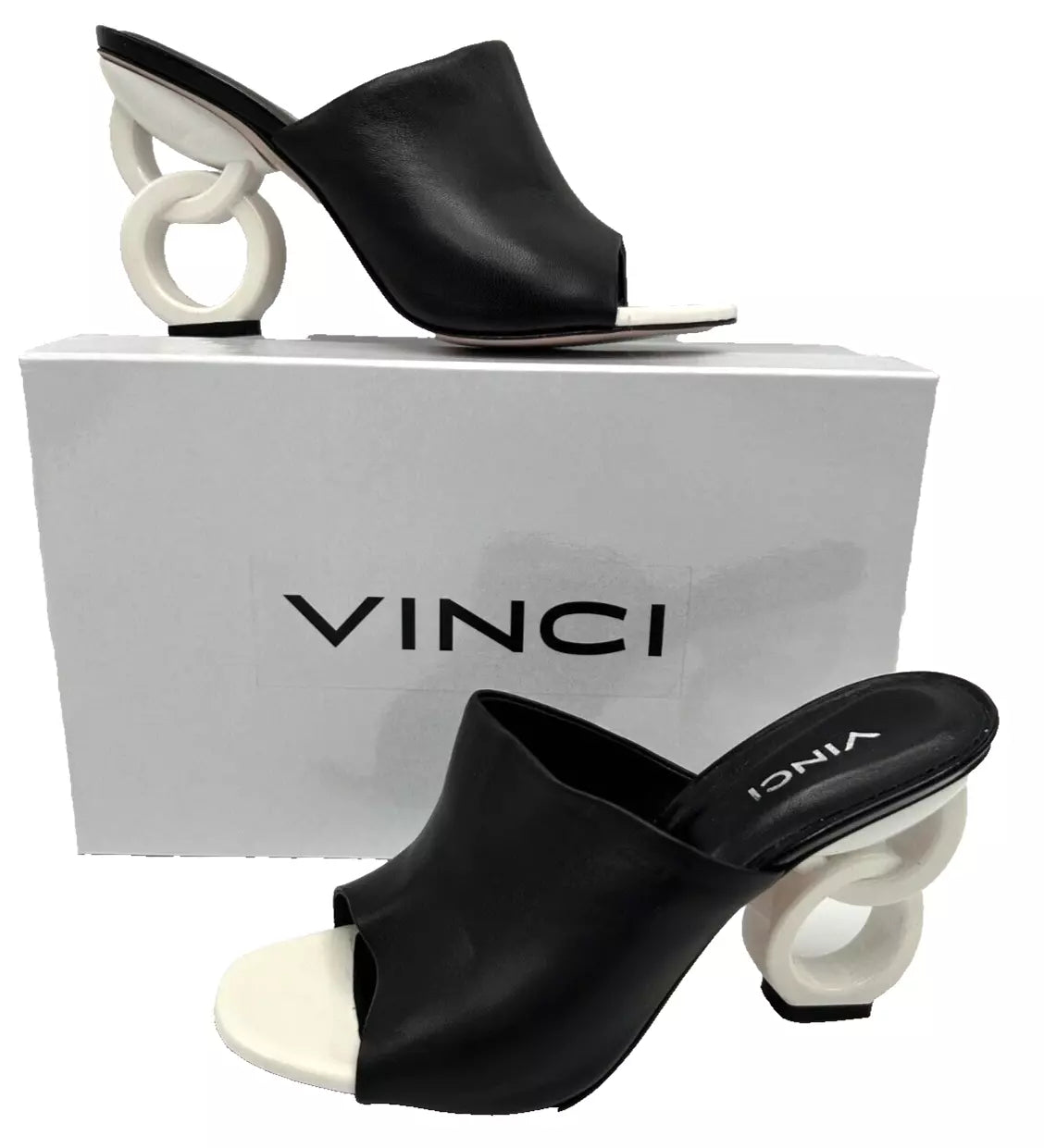 VINCI Black Leather Designer Sandal Size 40 US 9.5 White Circle Heels 3.5" High
