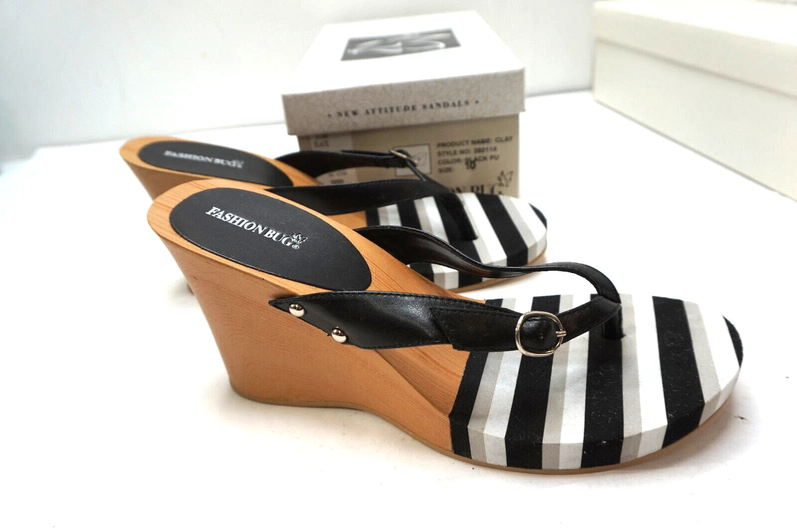 VINTAGE PLATFORM WEDGE SANDALS FASHION BUG  BLACK WOMENS SHOES 10 NEW BOX