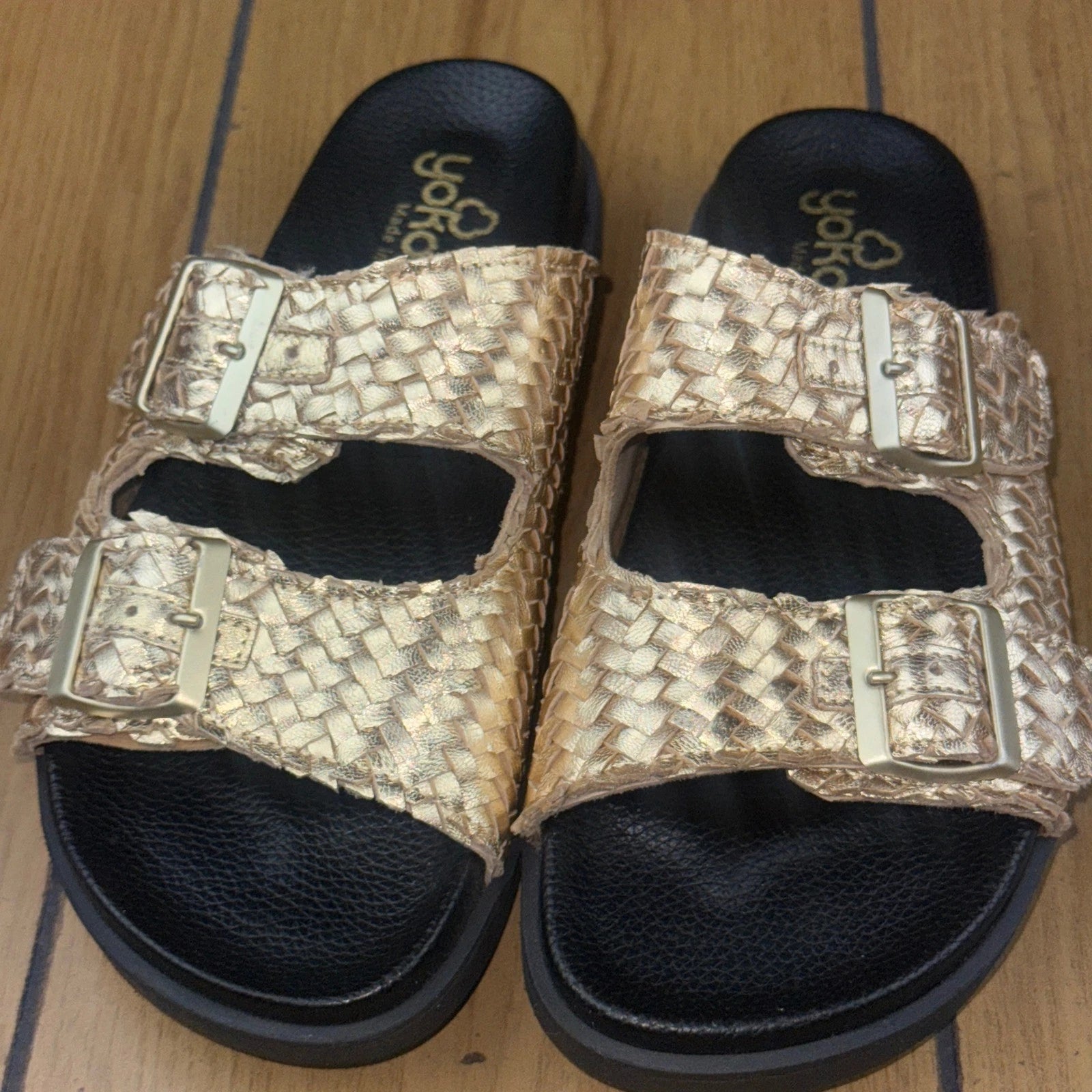 Yokono Gold Woven Leather Adjustable Buckle Slides Sandals Size 7.5
