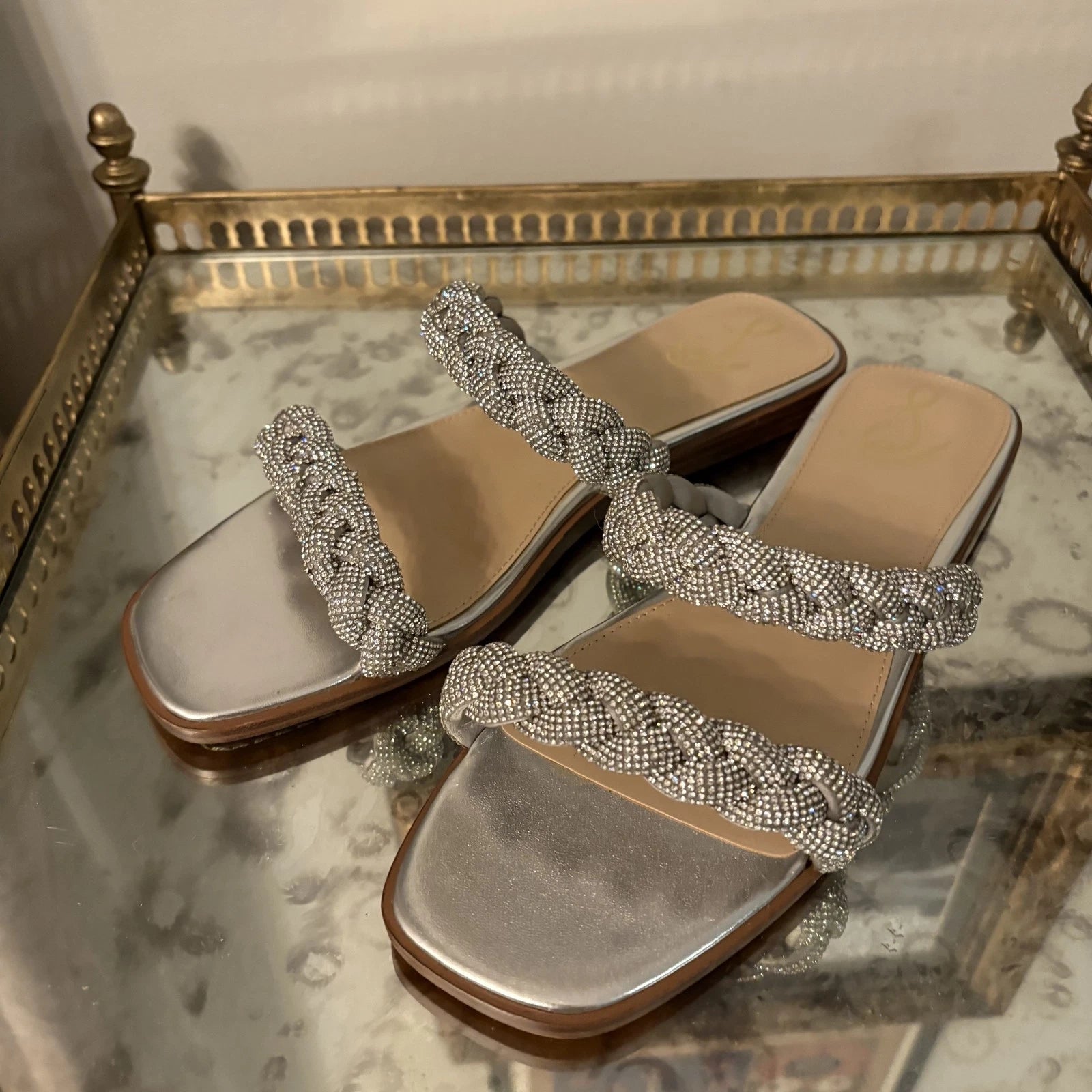 Sam Edelman Shoes Womens Size 9 Silver Braided Sandal Slide Rhinestone Flats