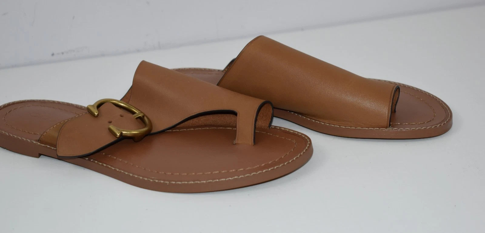 New Coach Sz 6 Slip On Sandals Leather Slides Brown Cognac Toe Loop Flats Buckle