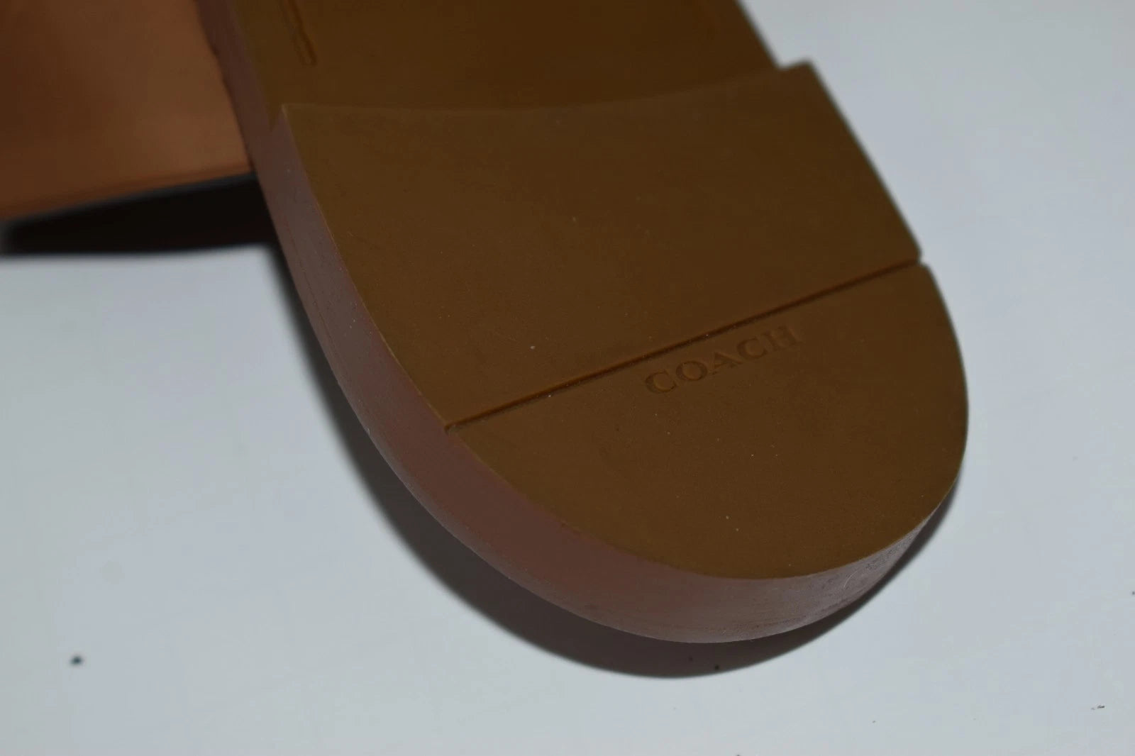 New Coach Sz 6 Slip On Sandals Leather Slides Brown Cognac Toe Loop Flats Buckle