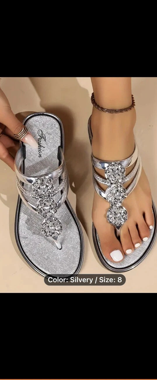 Women's Fashion Rhinestone Flower Flat Flip Flops Size 8.5