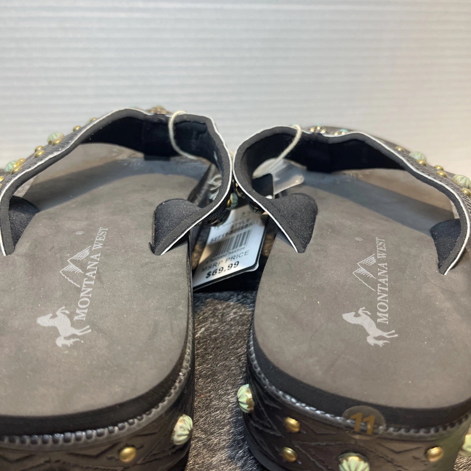 Montana West Black Embossed w/Studs Western Style Wedge Sandals Sz11-11.5