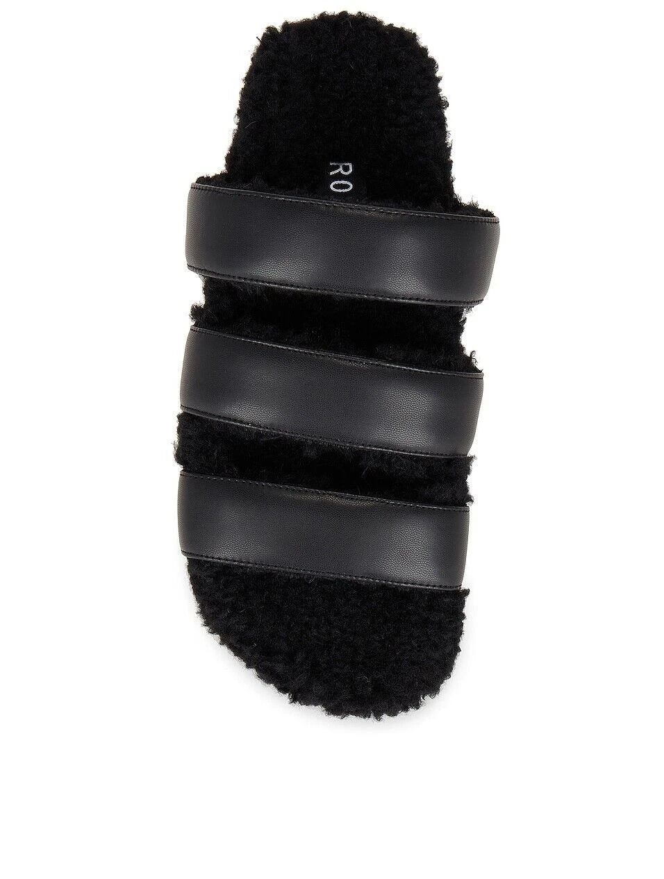 ROAM NIB $139 Black 3 Strap Faux Leather Fuzzy Slide Sandals Sz 11