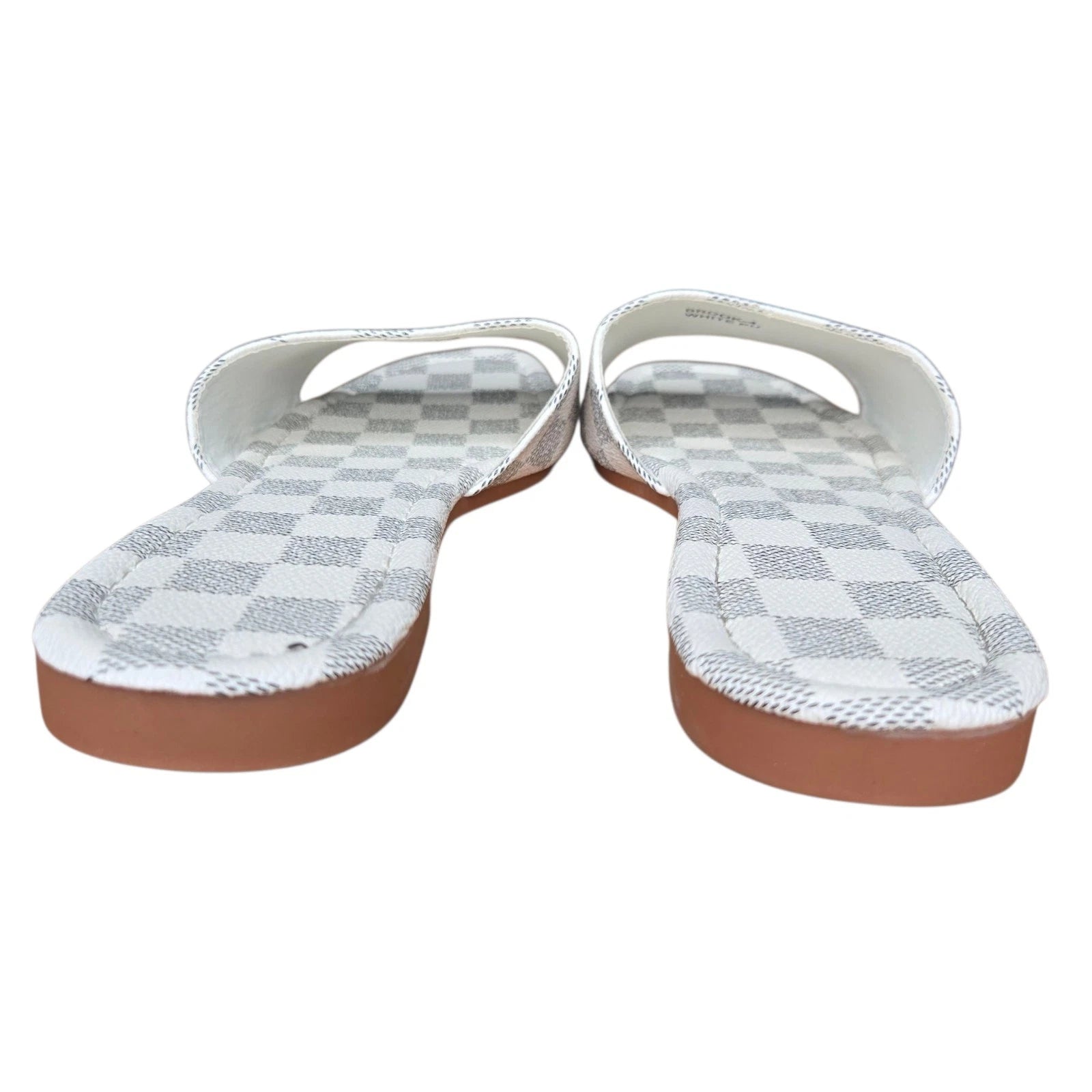 Womens Faux Leather Gray White Checkered Open Toe Flats Slide Sandals Size 9