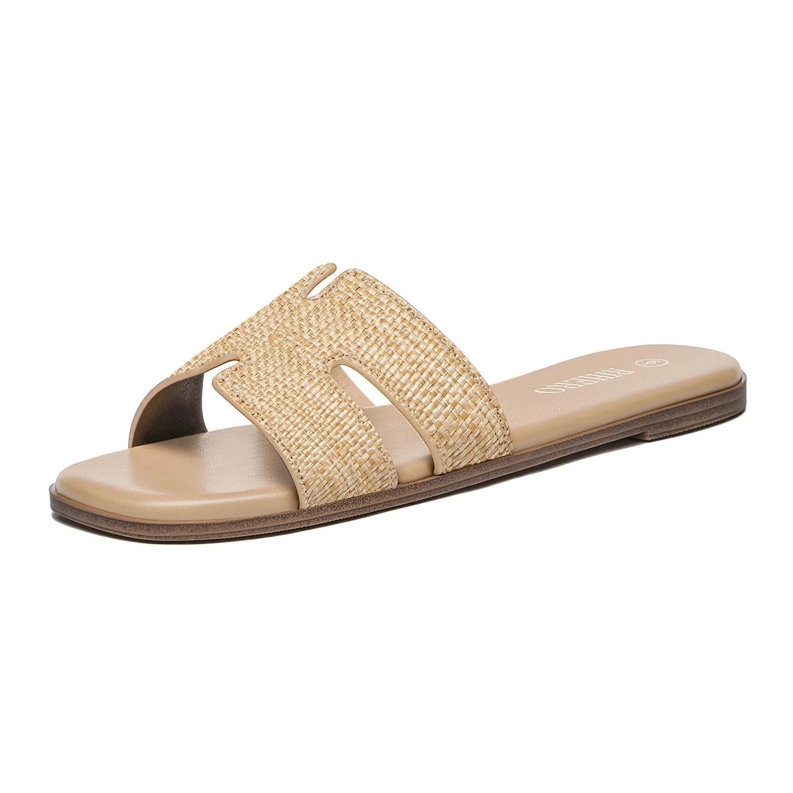 Women's Comfortable Leather Slide Sandals, Dressy Flat Raffia Slip-On