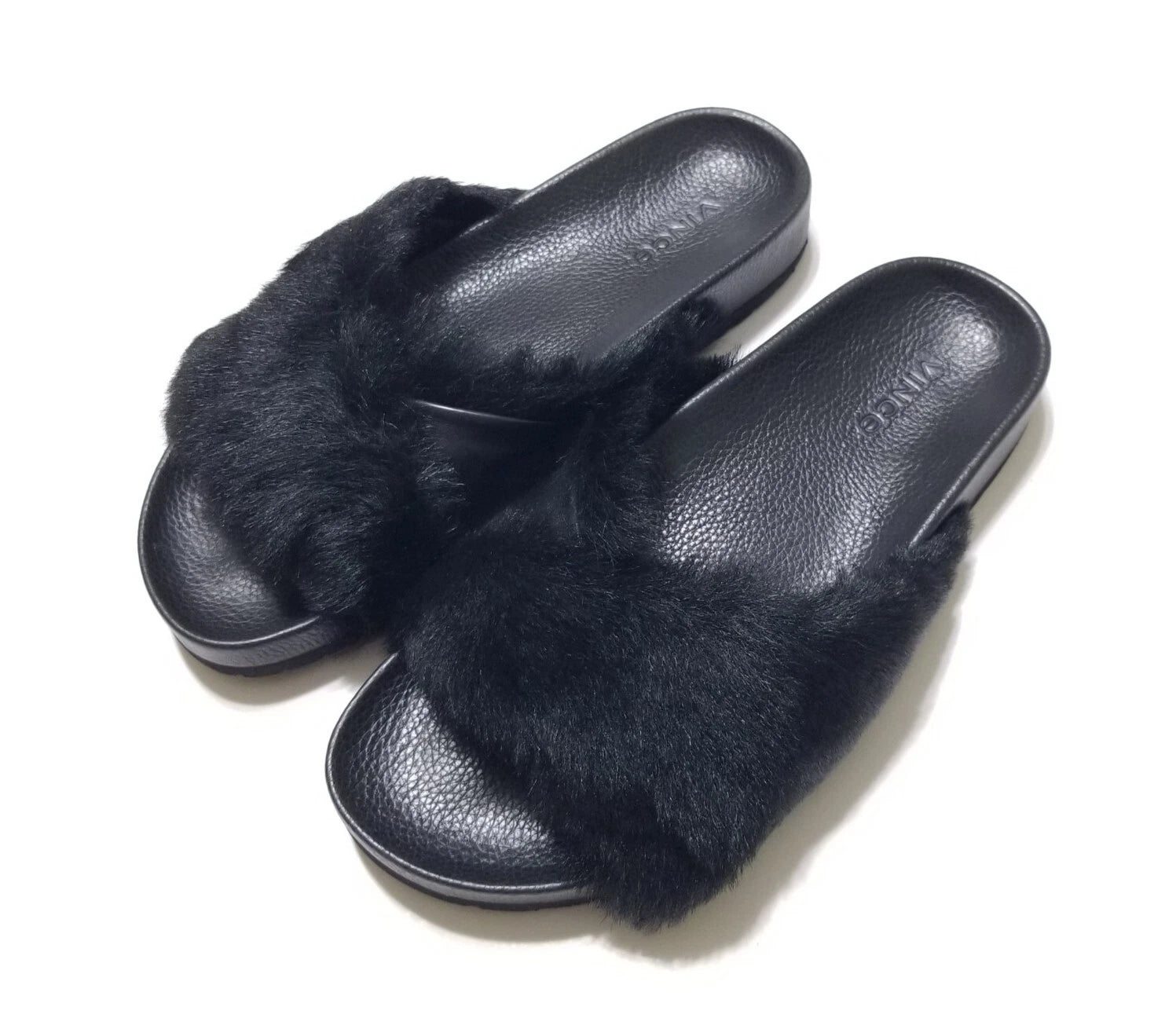 NIB Vince Garrison Italian Lamb Fur & Leather Slide Sandal in Black $250