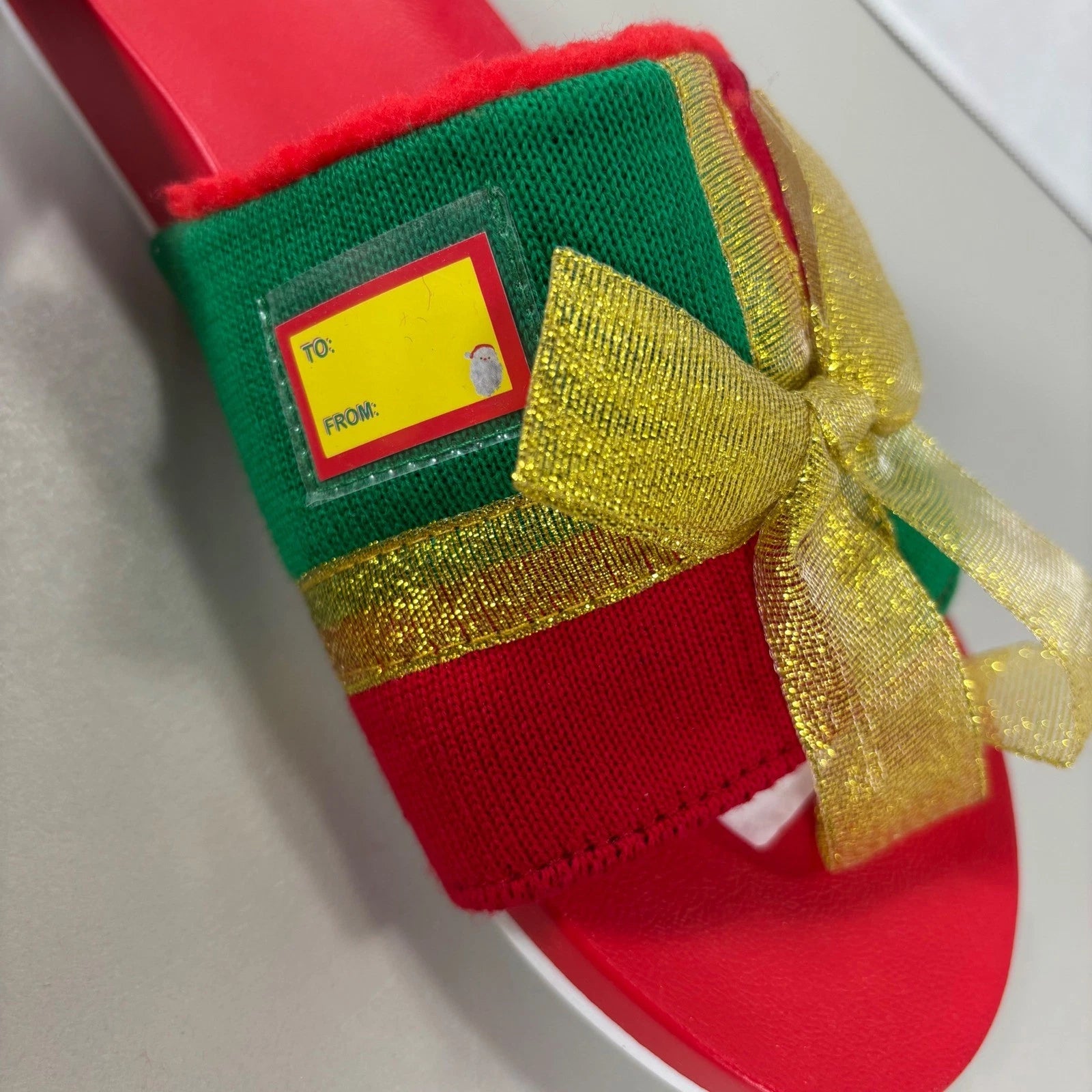 Reef x Tipsy Elves Womens Holiday Present Slides Red Green Gold Bow Sandals Sz 8