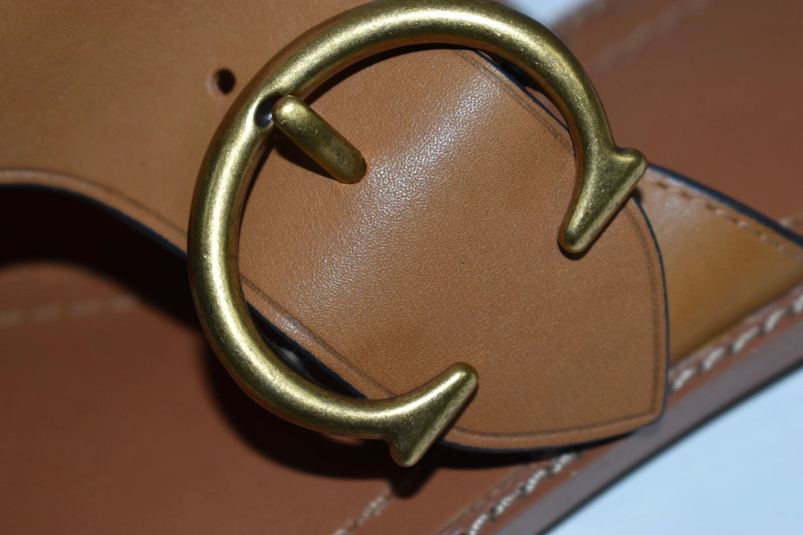 New Coach Sz 6 Slip On Sandals Leather Slides Brown Cognac Toe Loop Flats Buckle