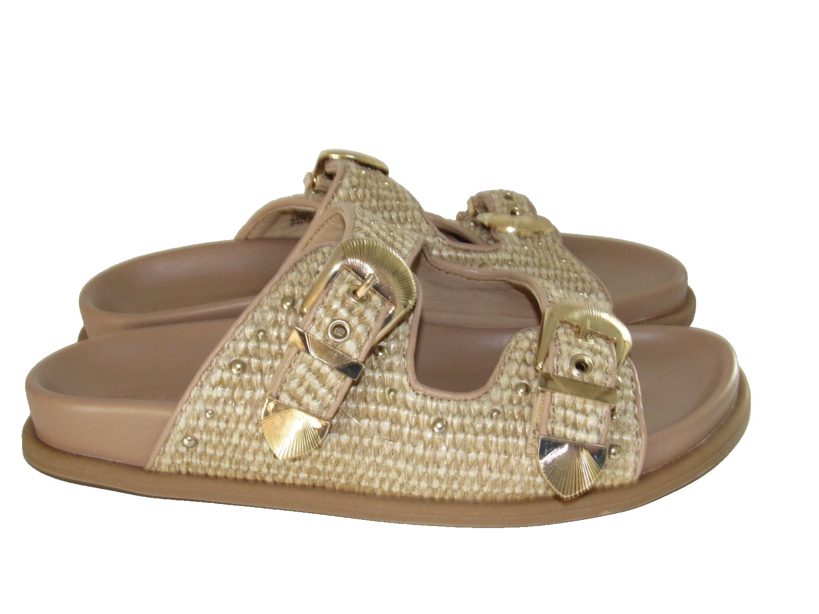 Steve Madden Slide Sandal Women's 8.5 Tan Brown Zuree Dual Buckle Gold Studded