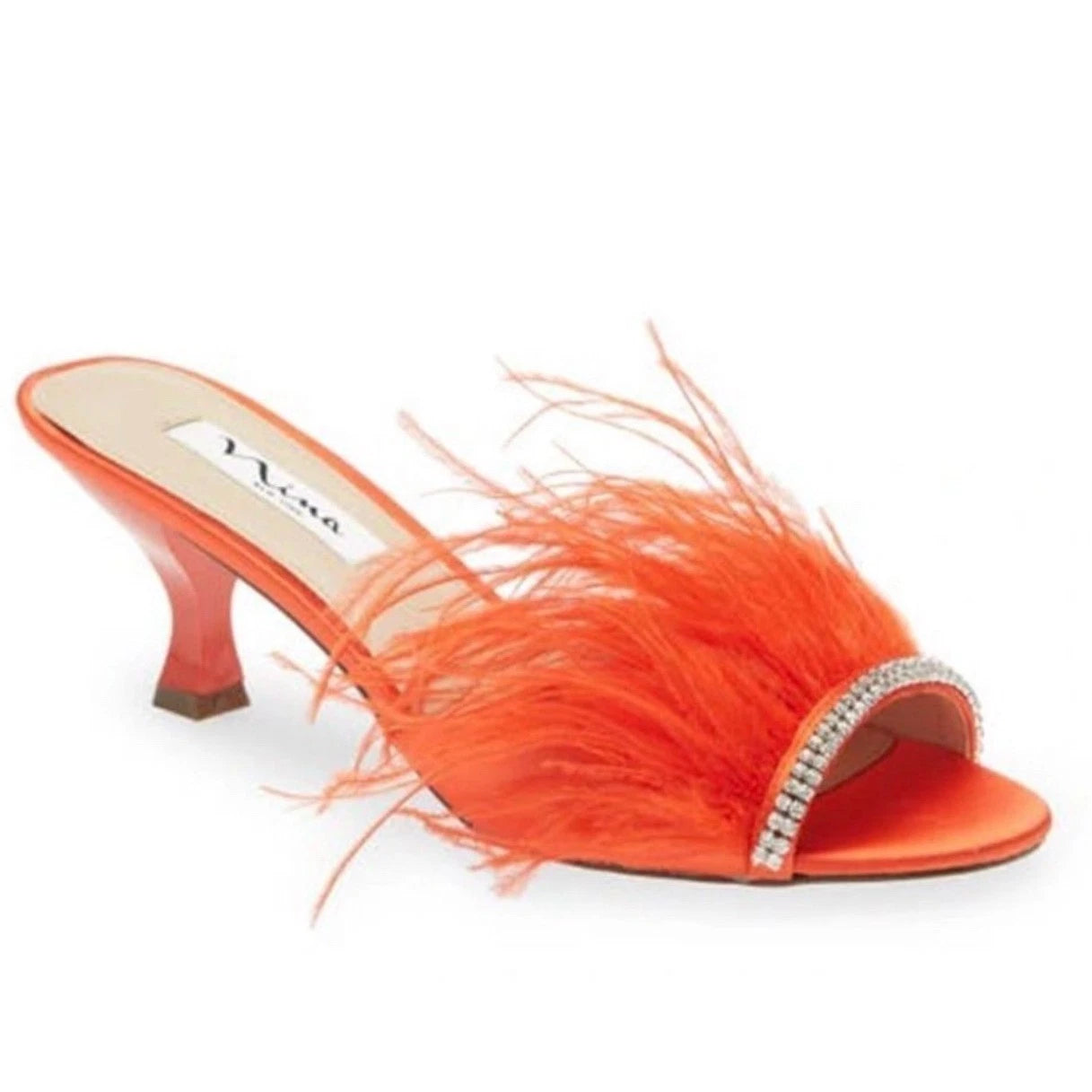 Nina Feather Kitten Heel Rhinestone Embellished Slip On Sandals Size 6