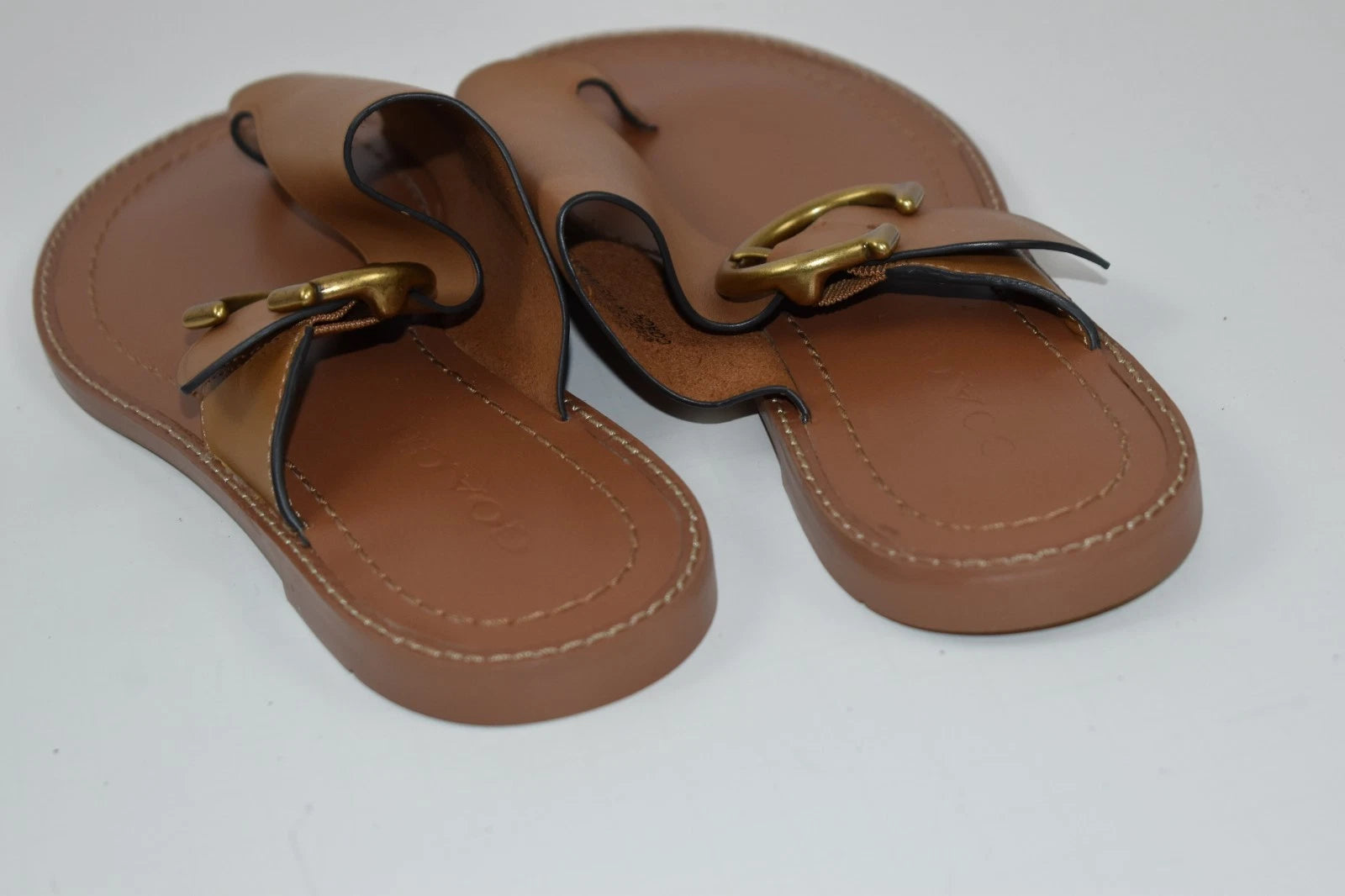 New Coach Sz 6 Slip On Sandals Leather Slides Brown Cognac Toe Loop Flats Buckle