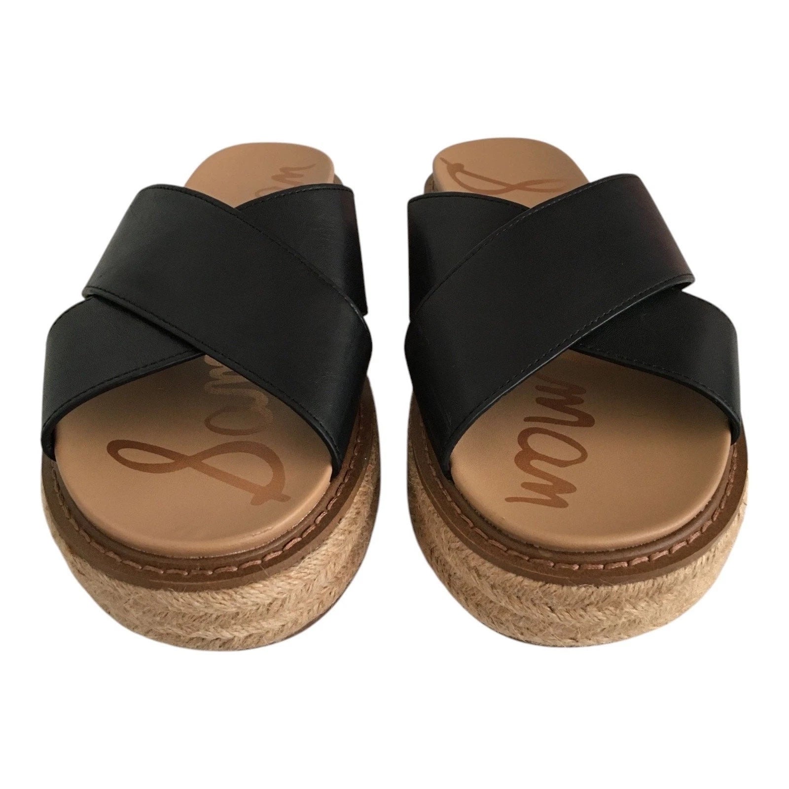 Sam Edelman Korina Sandals Womens 8M Black Leather Espadrille Platform Slides