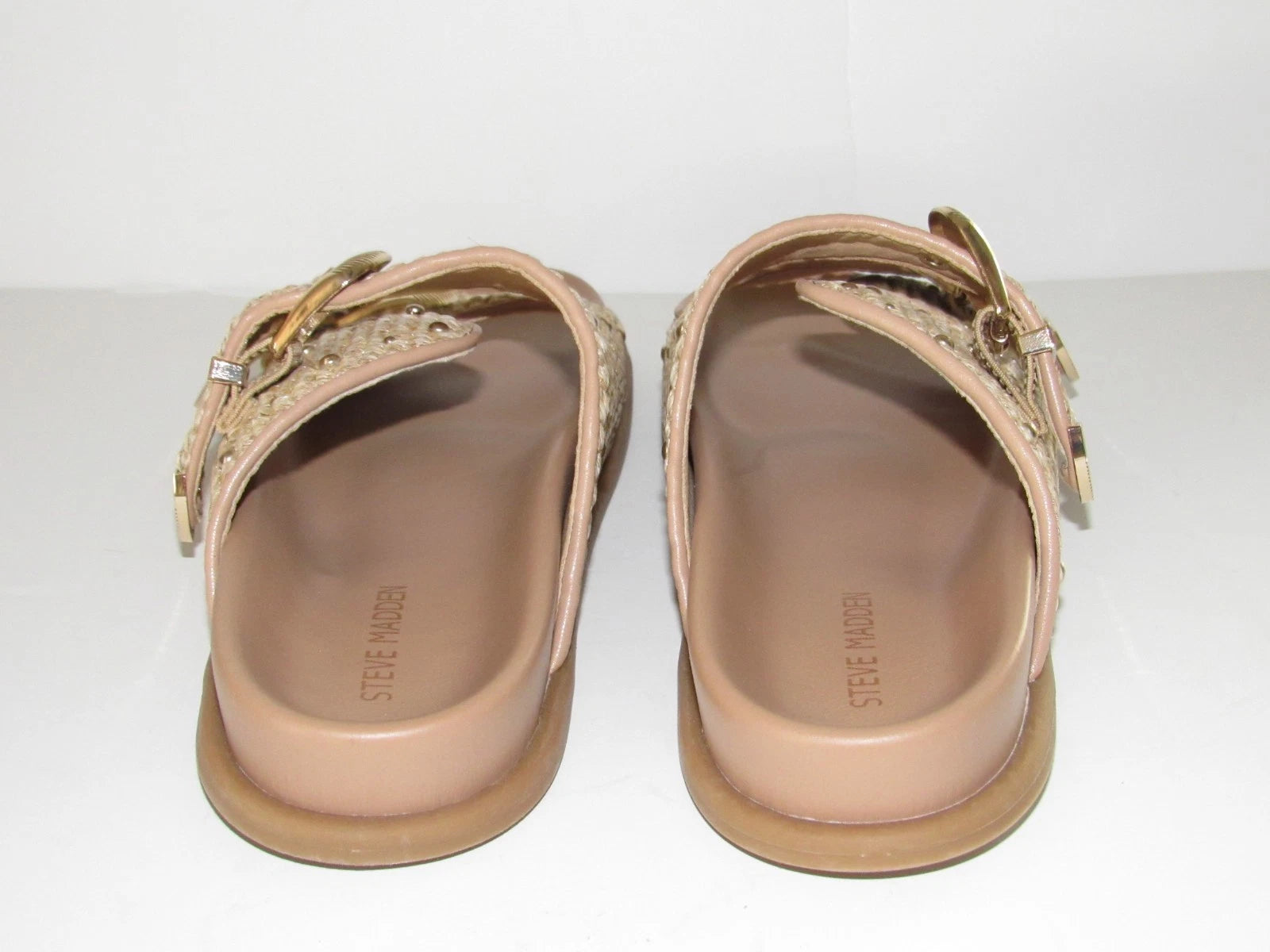 Steve Madden Slide Sandal Women's 8.5 Tan Brown Zuree Dual Buckle Gold Studded