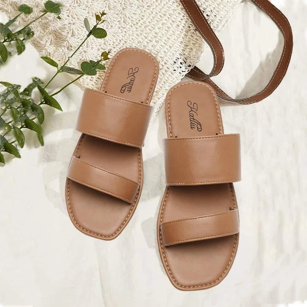 Women's Open Toe Two Strap Flat Slide Sandals